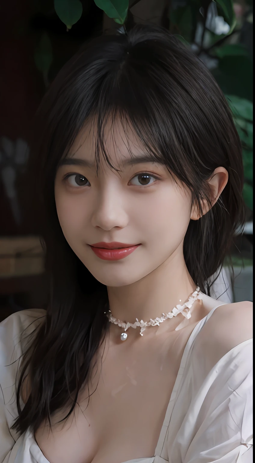 best qualtiy, 超高分辨率, (realisticlying:1.4), Baoyu Girl, A pair of clear and moving peach blossom eyes,Royal Sister,sunshine on face,with long coiled hair,(ln the forest:1.4),(choker necklace:1.2),(Fair skin:1.9),(full bodyesbian:1.2)a sense of atmosphere,a beauty girl, ssmile,head straight-looking at viewer, closeup cleavage ,(Photorealistic:1.4),1girll,Sexy,(Upper body:1.4),(Wet body),(:1.2)