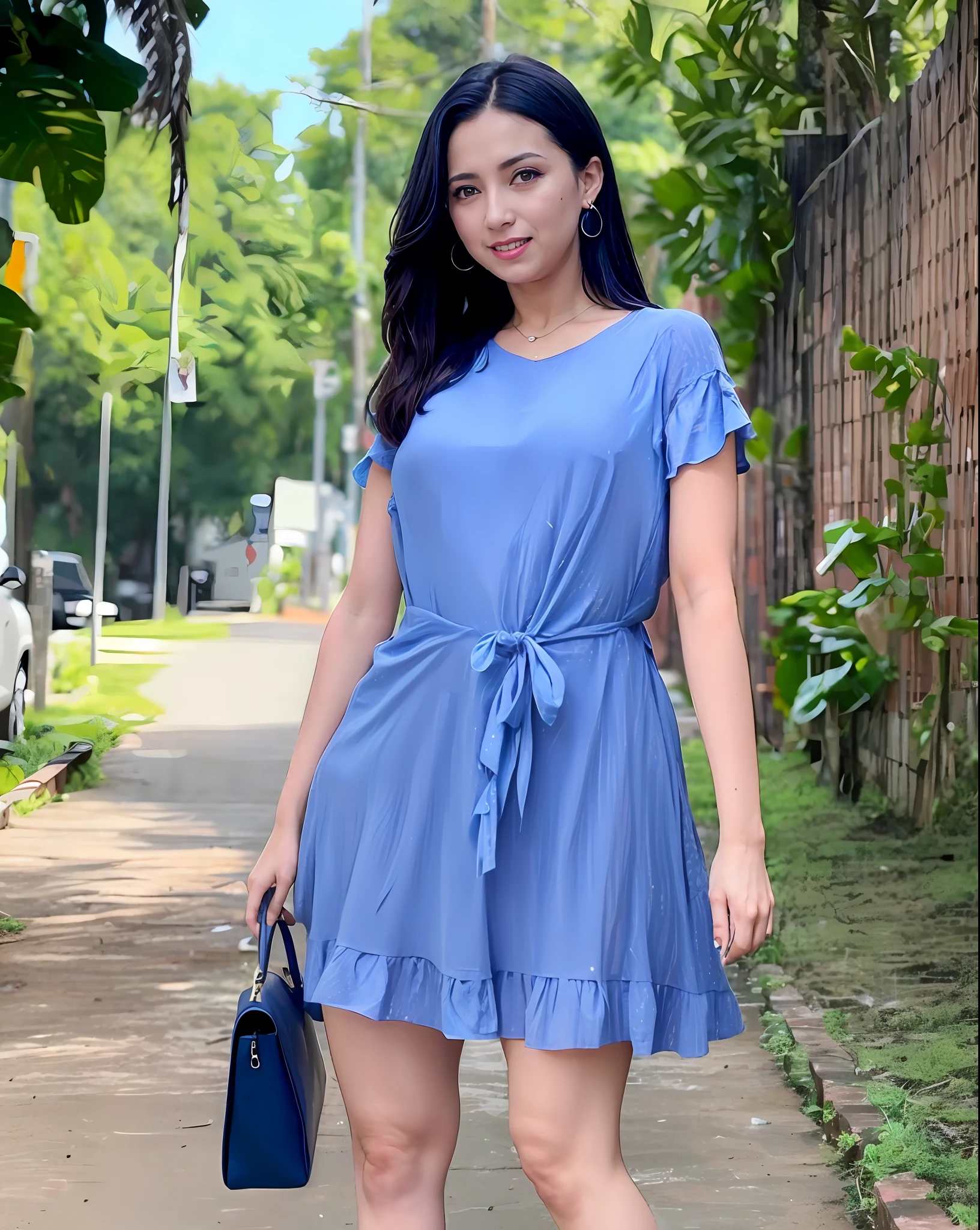 Mujer Araffe con un vestido azul posando en una acera, con vestido azul,
