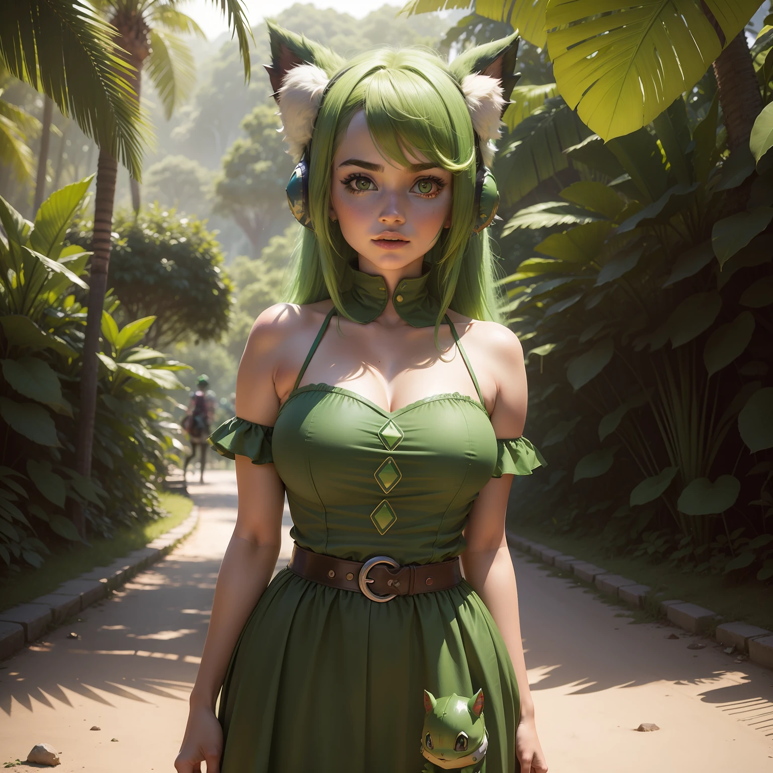 Un llamativo, highly realistic photo of a green-haired woman dressed as a Pokémon bulbasaur, with a vibrant representation of the costume and a backdrop of jungles.