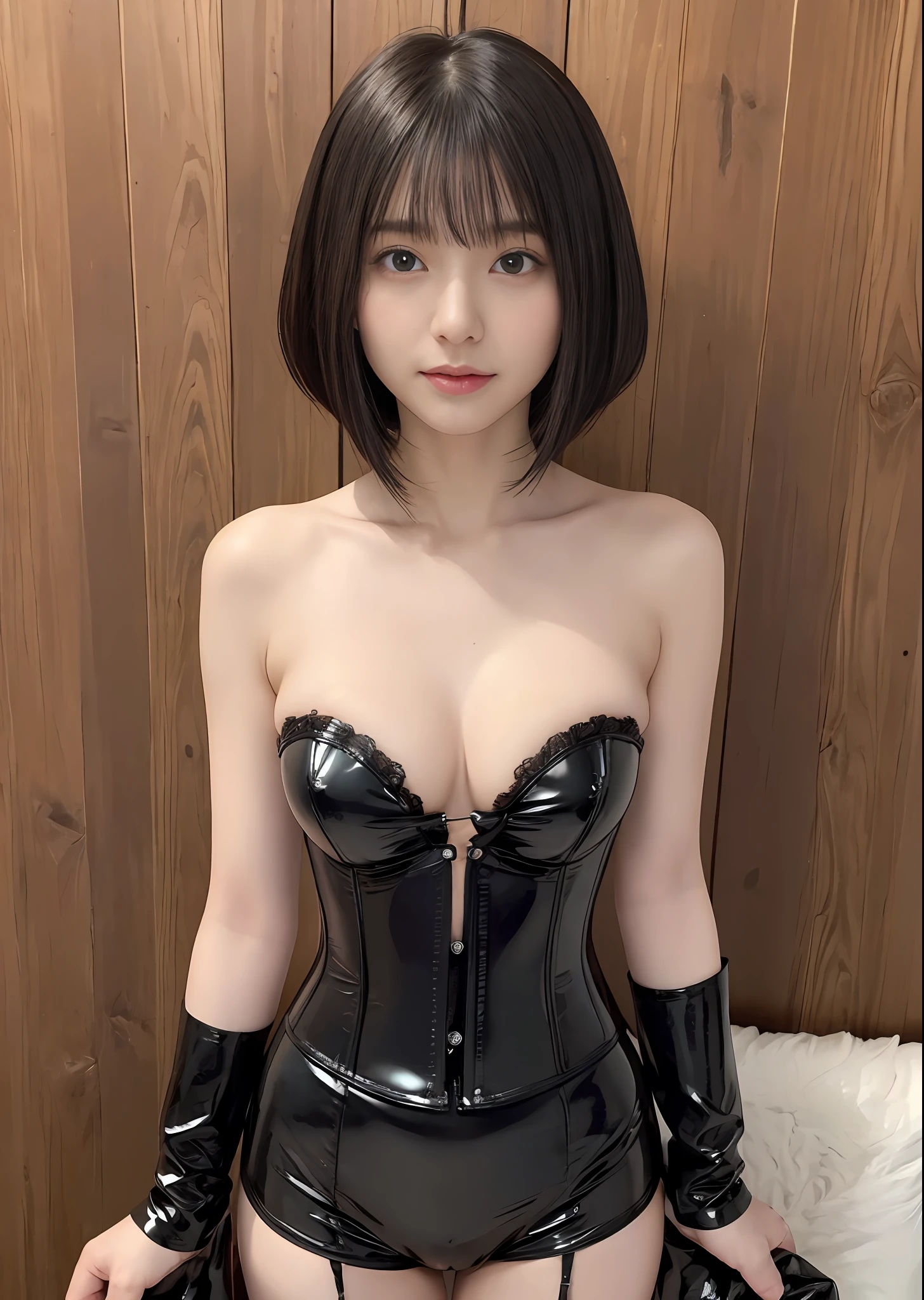 A slight smil、Hand flail,BDSM,slave,rubber,Black corset,Catsuit,gargantilha,nsfw,((top-quality、8k、​masterpiece:1.3))、Crisp focus:1.2、Beautiful woman with perfect body shape:1.4、Slender abs:1.2、a wet body:1.5、Highly detailed facial and skin texture、A detailed eye、二重まぶた、bob cut  hair,(No underhair)