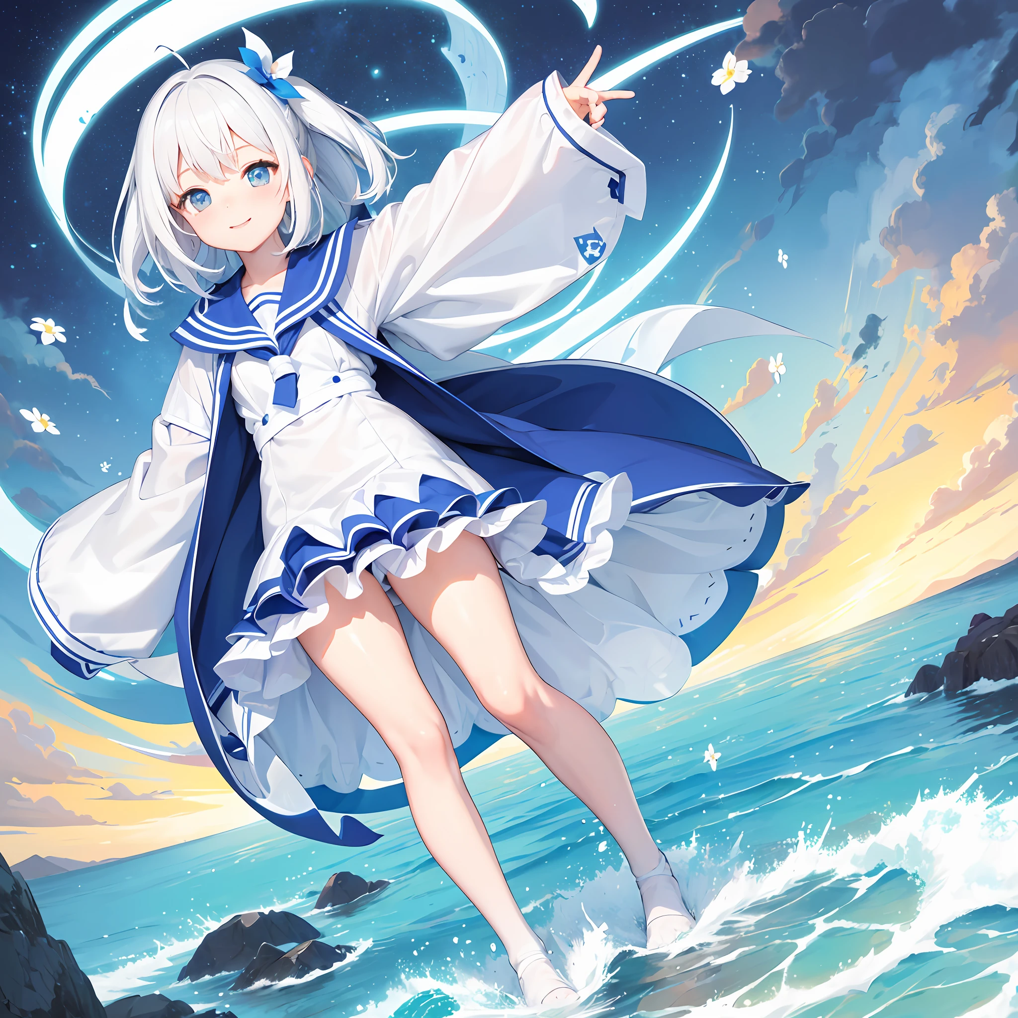 1080p,quadratic element、1 girl,Cute loli,16 yaers old,White hair,Issuing,ssmile,Sky blue sailor suit,White stockings,setting sun,Flowers in hand,Anime style --auto