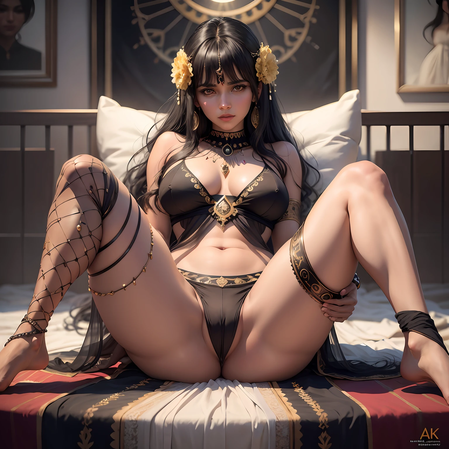 beautiful mature Indian girl, black hair, bangs, hair ornament, photorealistic, photo, masterpiece, realistic, realism, photorealism, high contrast, photorealistic digital art trending on Artstation 8k HD high definition detailed realistic, detailed, skin texture, hyper detailed, realistic skin texture, armature, best quality, ultra high res, (photorealistic:1.4),, high resolution, detailed, raw photo, sharp re, spread legs, (no panties:1.2)