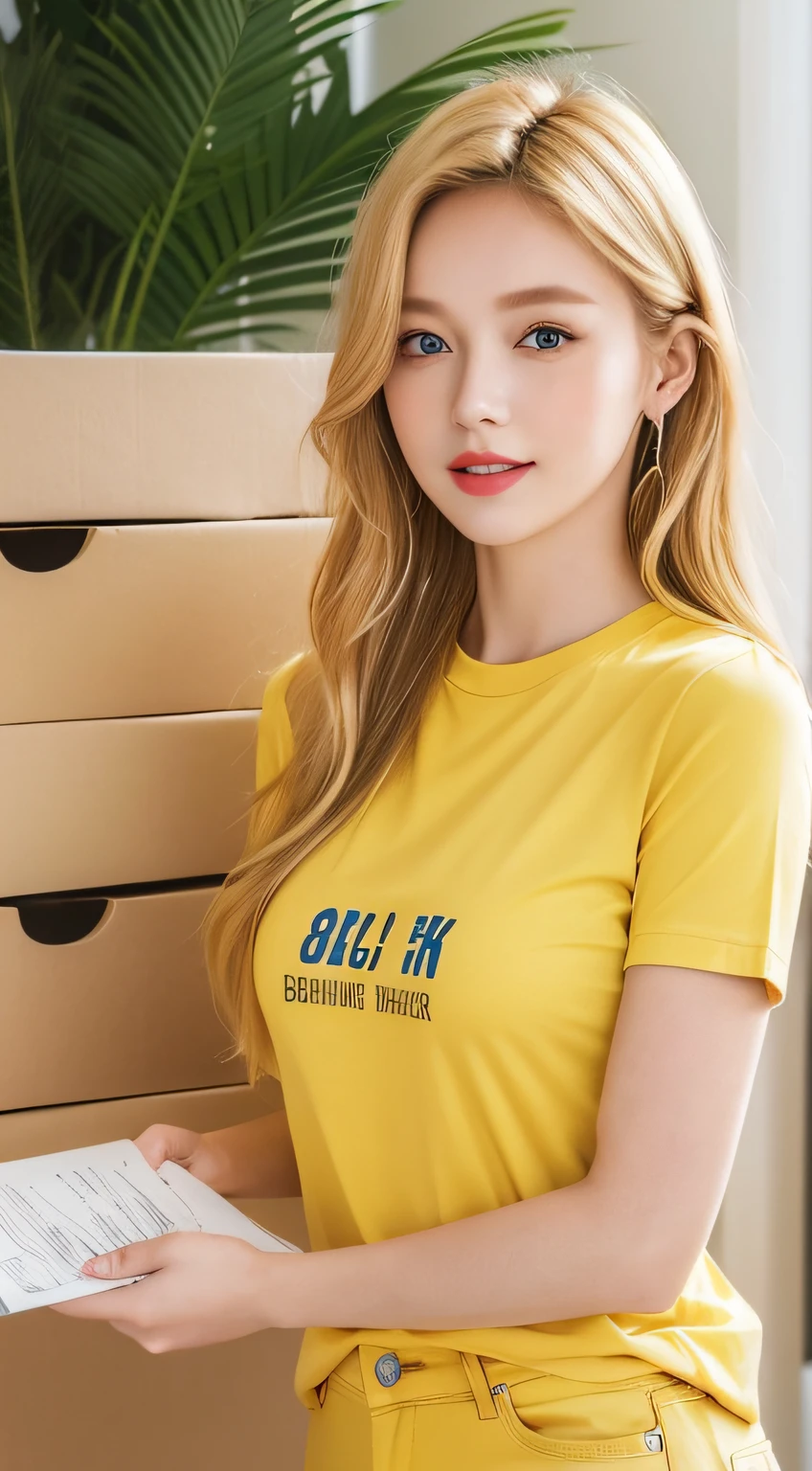 Best quality, 8K, masterpiece 1:2. A beautiful girl with yellow Tshirt "BeeVN", jeans (Alluring figure), blonde hair, ocean blue eyes, high nose, luscious red lips, and a captivating smile. holding documents. many boxes and documents. Post office. ultra-detailed face, detailed lips, detailed eyes