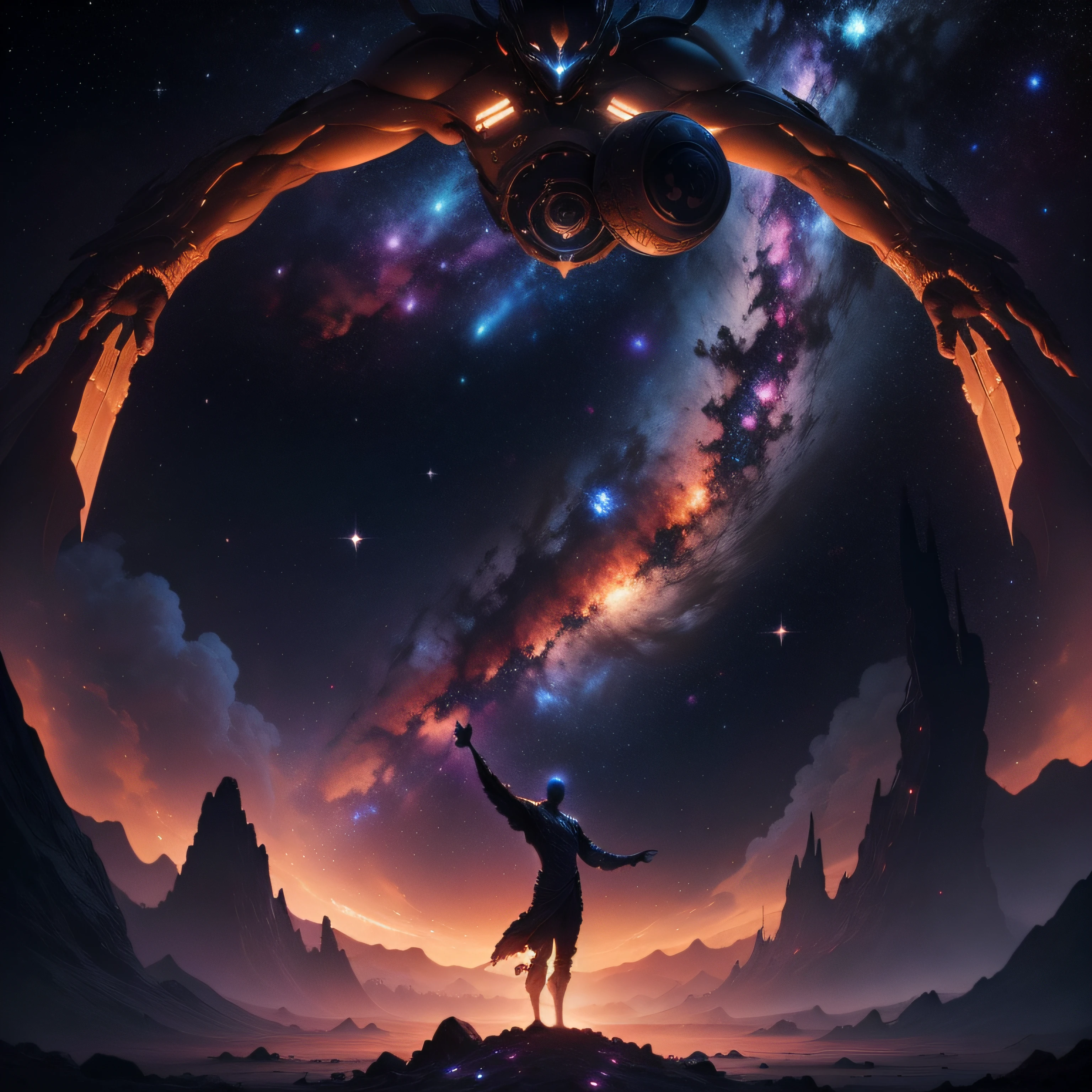 An otherworldly scene featuring a vast galaxy with swirling nebulas and distant stars. In the center, a dreamy figure with outstretched arms gazes at the cosmos. The design could be accompanied by the quote "We are made of star stuff.