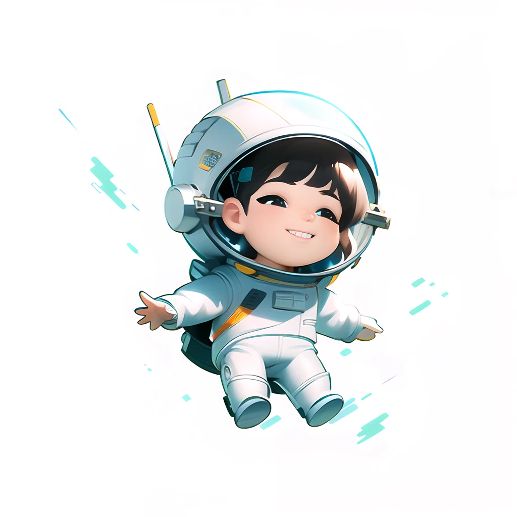 Cartoon astronaut in white spacesuit, big laughter, (Expose upper row teeth:1.2), White gloves, floats in space, 
 (Masterpiece:1,2), Best quality, Masterpiece, A high resolution, Original, extremelydetailedwallpaper, Perfect lighting,(Extremely detailed CG:1.2), Drawing, paint brushes,