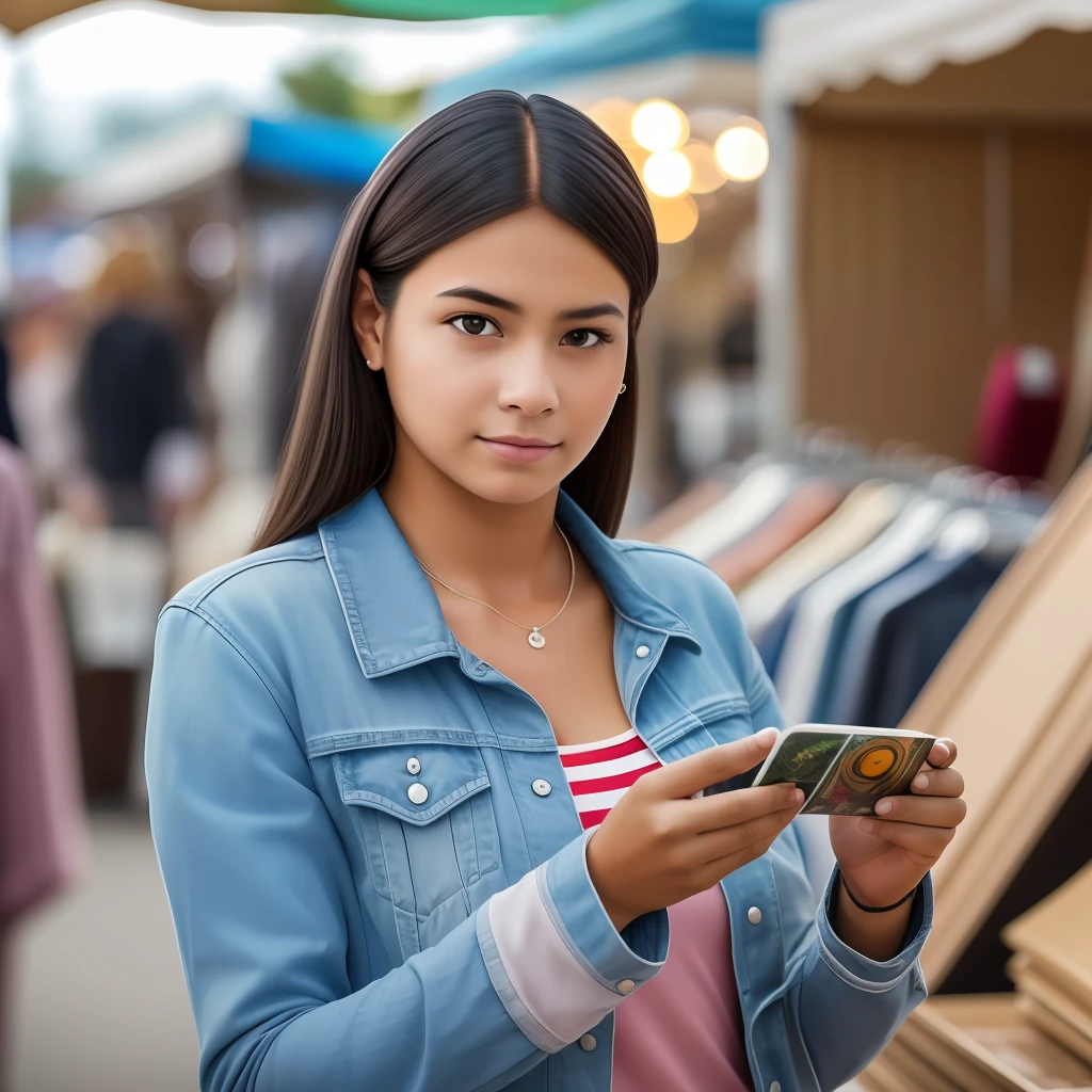 a poor young woman shopping at a flea Market, looking at camera, shot with Sony Alpha a9 II and Sony FE 200-600mm f/5.6-6.3 G OSS lens, natural ligh, hyper realistic photograph, ultra detailed –ar 3:2 –q 2 –s 750 --auto --s2