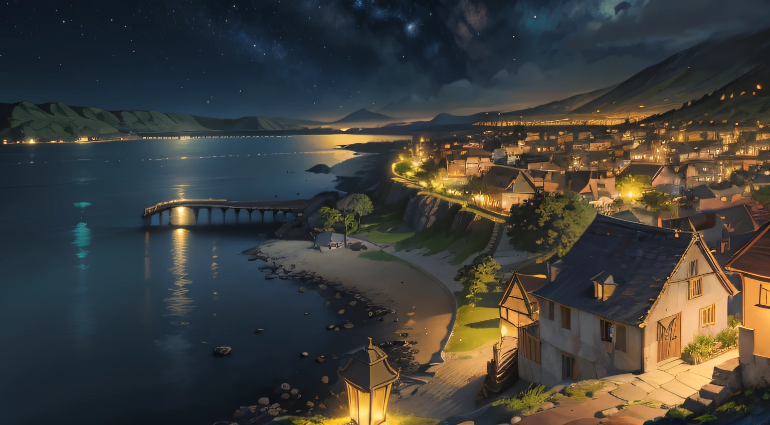 (Digital painting anime) of a captivating coastal town, Villa Azul, bathed in the enchanting glow of the starry night sky, featuring (exquisite attention to detail) and an awe-inspiring panoramic vista.