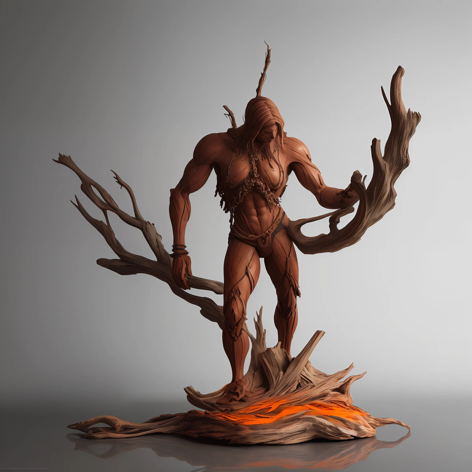 product photography of a sculpture made of driftwood, full body, crazy details, Lonely, Cinematic Lighting, Cinematic, Warm Color Palette, color wash, 8k