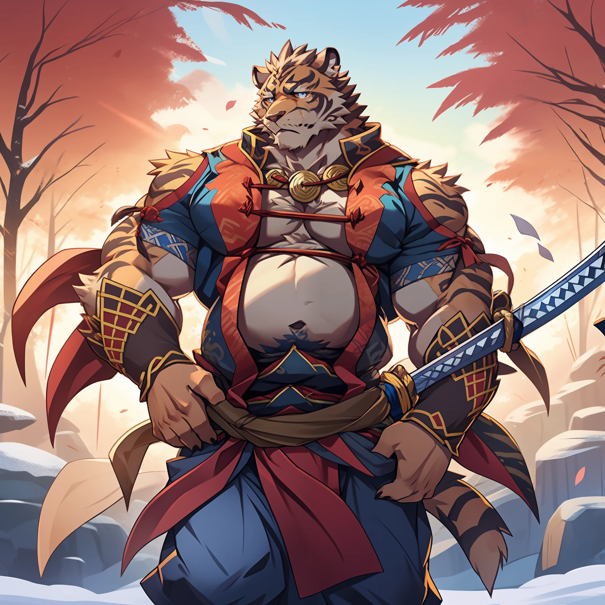 Lin Hu，musculature，tit，Fat Chubby，Wear a katana，potbelly，Plump and firm，Huge protrusions on the lower body，Wear a katana，Samurai style，carrying swords on his back，Five fingers，byself，Put your hands in your pockets