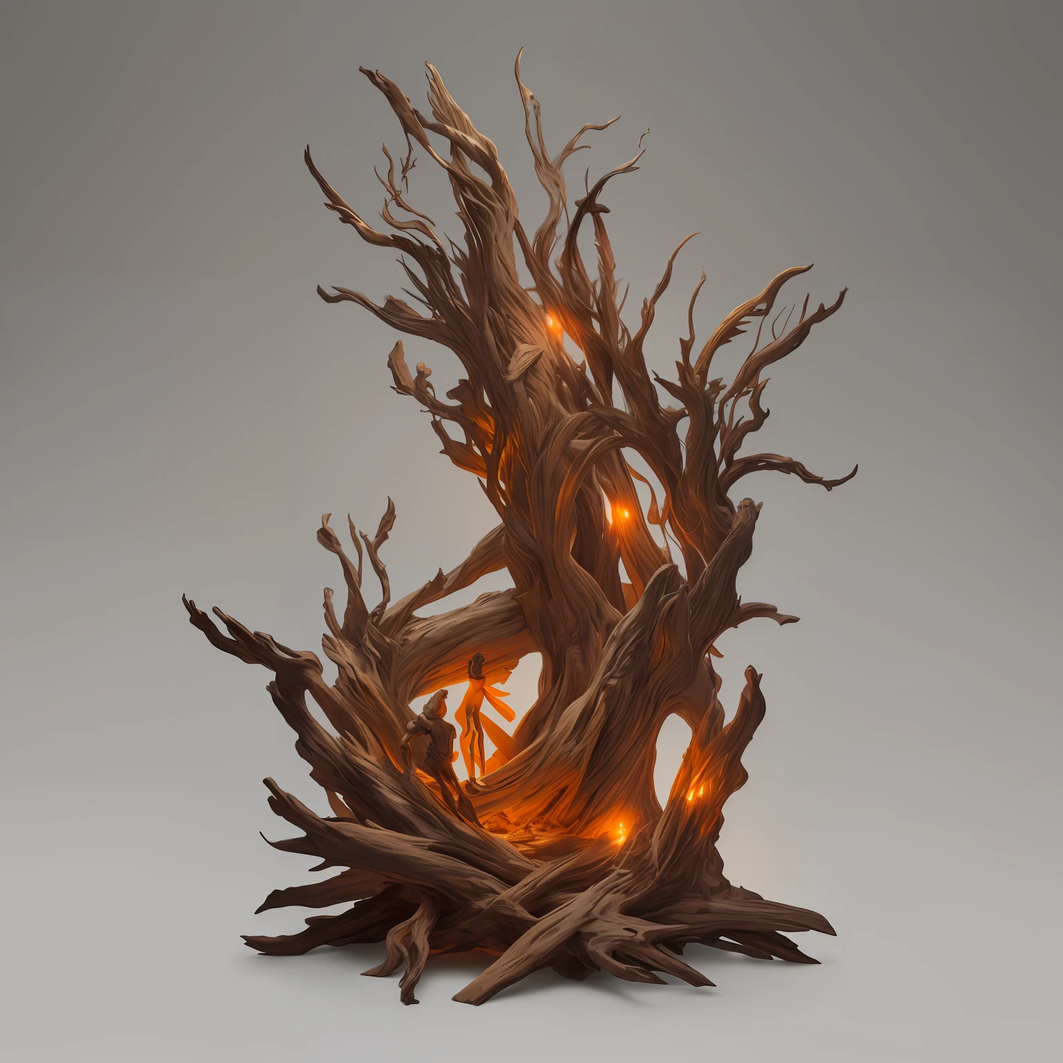 product photography of a sculpture made of driftwood, full body, crazy details, Lonely, Cinematic Lighting, Cinematic, Warm Color Palette, color wash, 8k