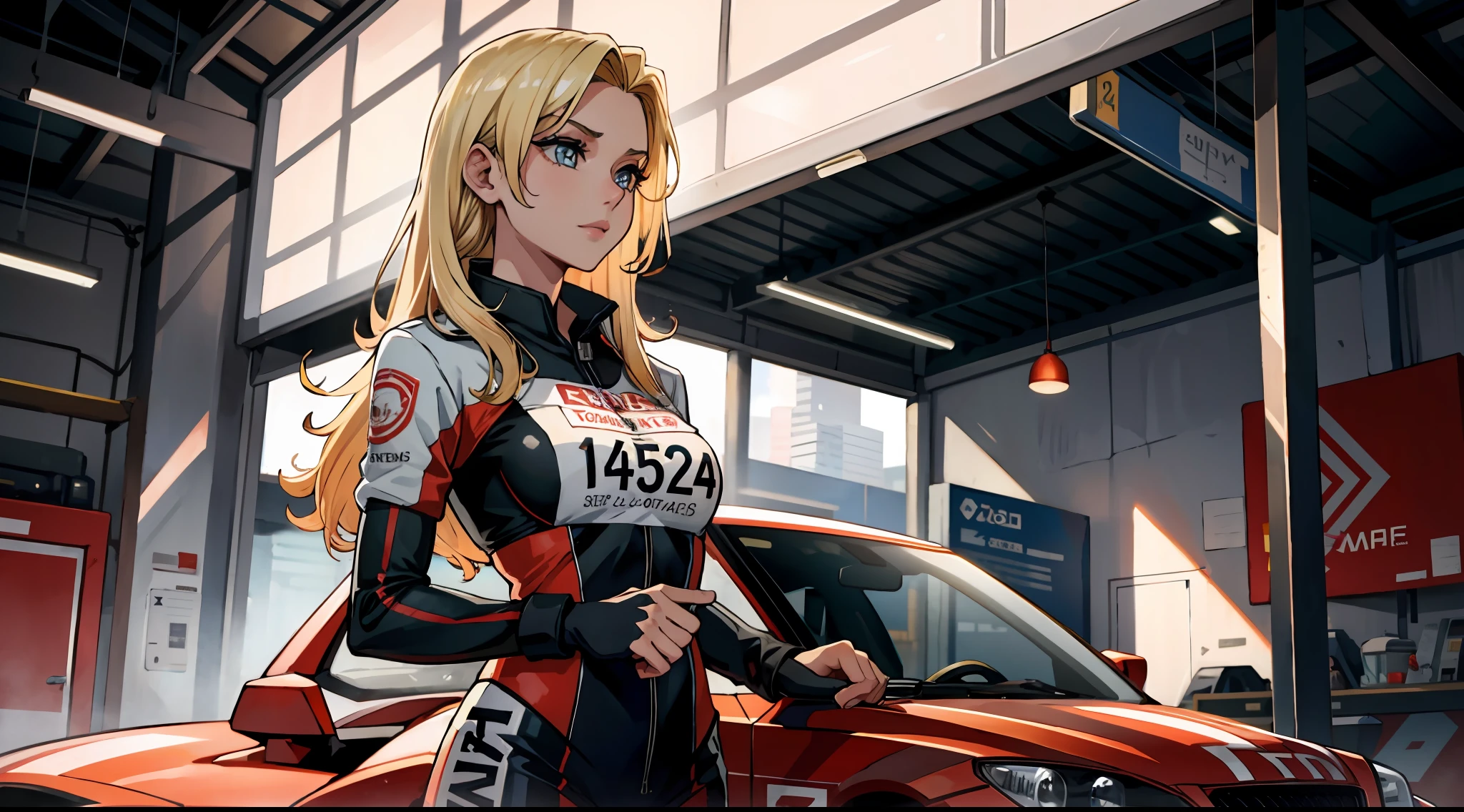 master part:1.2, melhor qualidade:1.2, Beautiful, alta qualidade, Altas:1.1, aesthetic), circunstanciado, extremamente detalhado, ambient soft lighting, 4k, olhos perfeitos, rosto perfeito, perfect lighting, A beautiful blonde woman prepares for a race and stands next to her stock car