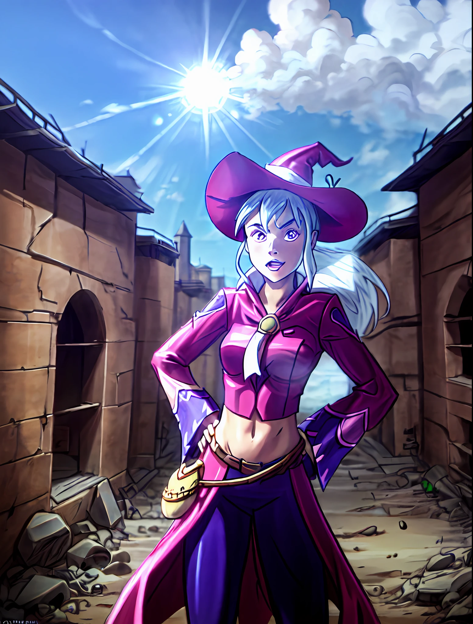 (cowboy shot), sfw,  (masterpiece), (best quality:1.0), (ultra highres:1.0), detailed eyes,
BREAK
Charmcaster, solo, 1girl, pink eyes, low ponytail, wispy bangs, hands on hips
mage_glam, pouch belt, witch hat, midriff
BREAK
(castle, outdoors,  gorgeous view)