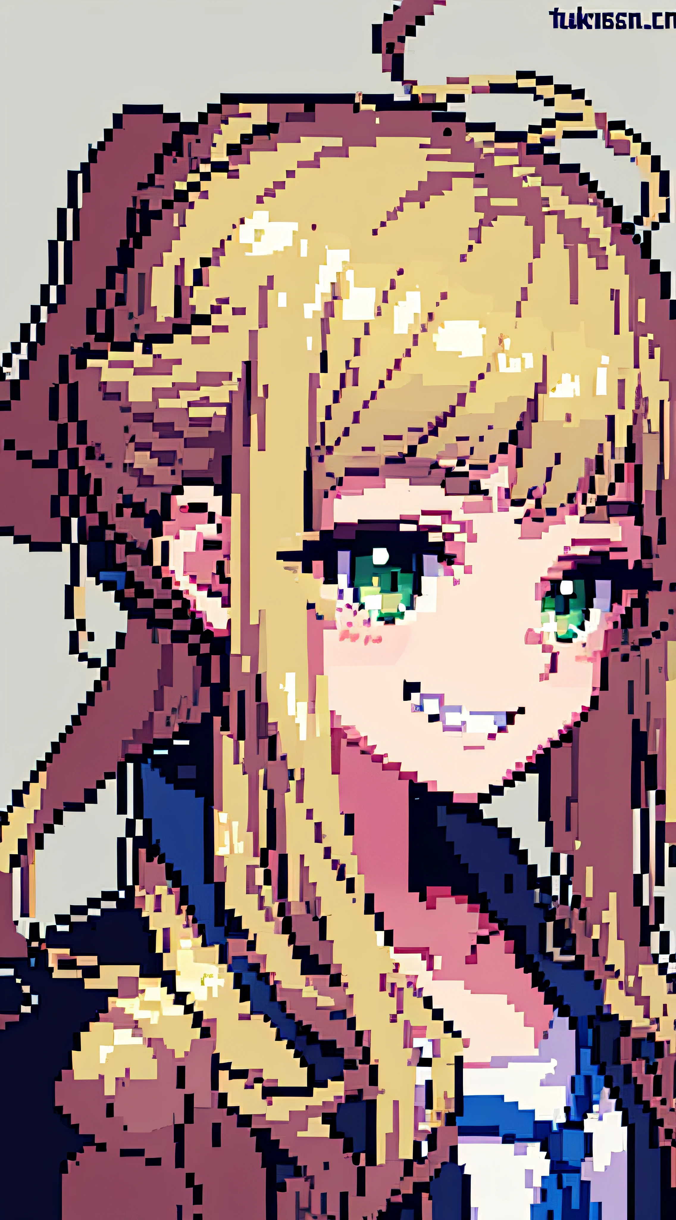 hcnone, pixel art, masterpiece, pixel, 1girl, portrait, beige blonde hair, light brown hair, green eyes, petite, small chest, face only, looking at viewer, profile picture, smile, grin, tsundere, ahoge, anime style, cute, simple background, grey background