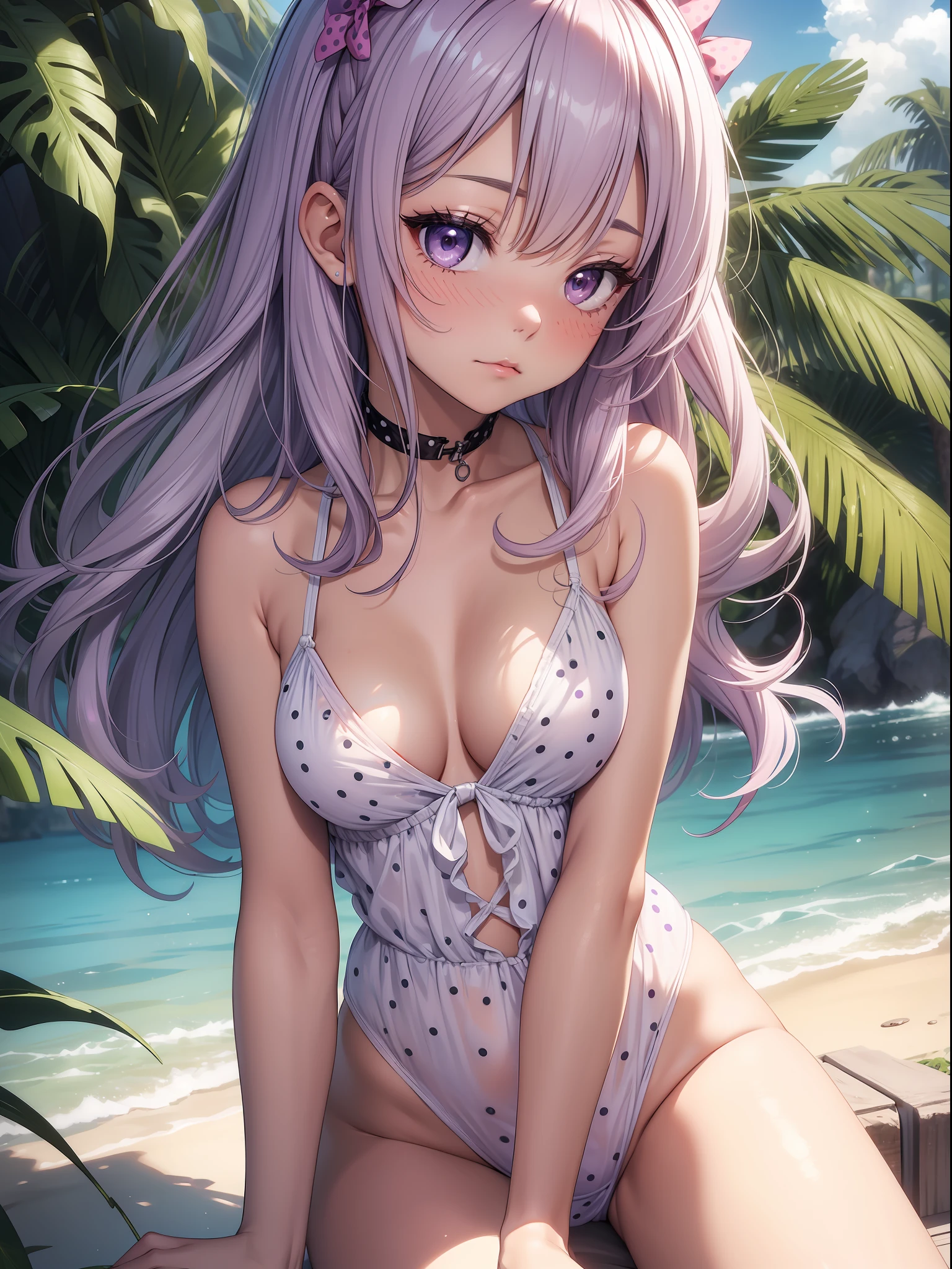 (Top quality ultra-detailed CG art、Polka dot swimsuit:1.2)Lilac hair、big eye、Cold eyes、Cool Beauty、Mid summer、sixteen years old、red blush、????? shoulders、sexypose、Watch the viewer from the side、Naughty Girls、natta、Medium Hair、