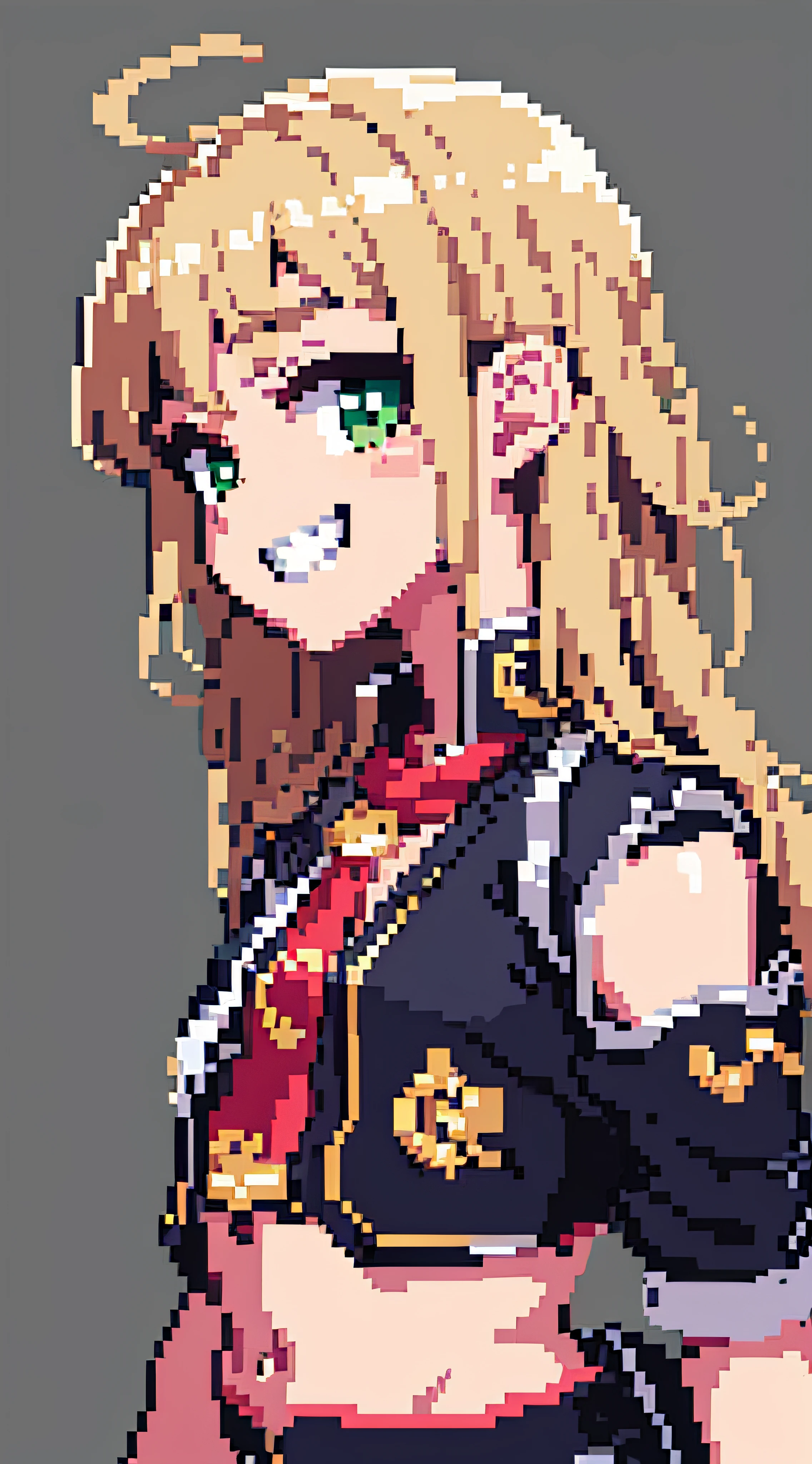 hcnone, pixel art, masterpiece, pixel, 1girl, portrait, beige blonde hair, light brown hair, green eyes, petite, small chest, face only, looking at viewer, profile picture, smile, grin, tsundere, ahoge, anime style, cute, simple background, grey background