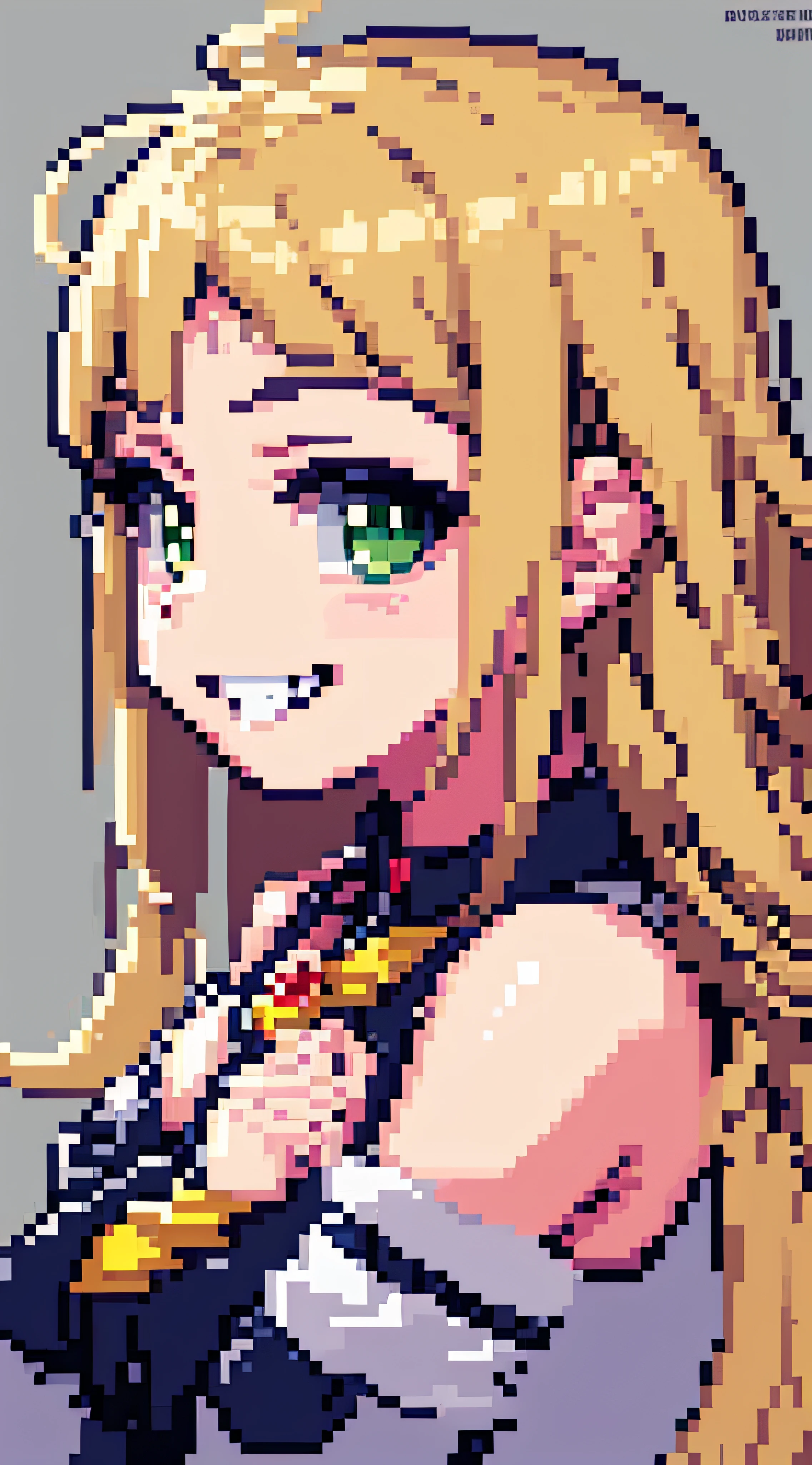 hcnone, pixel art, masterpiece, pixel, 1girl, portrait, beige blonde hair, light brown hair, green eyes, petite, small chest, face only, looking at viewer, profile picture, smile, grin, tsundere, ahoge, anime style, cute, simple background, grey background