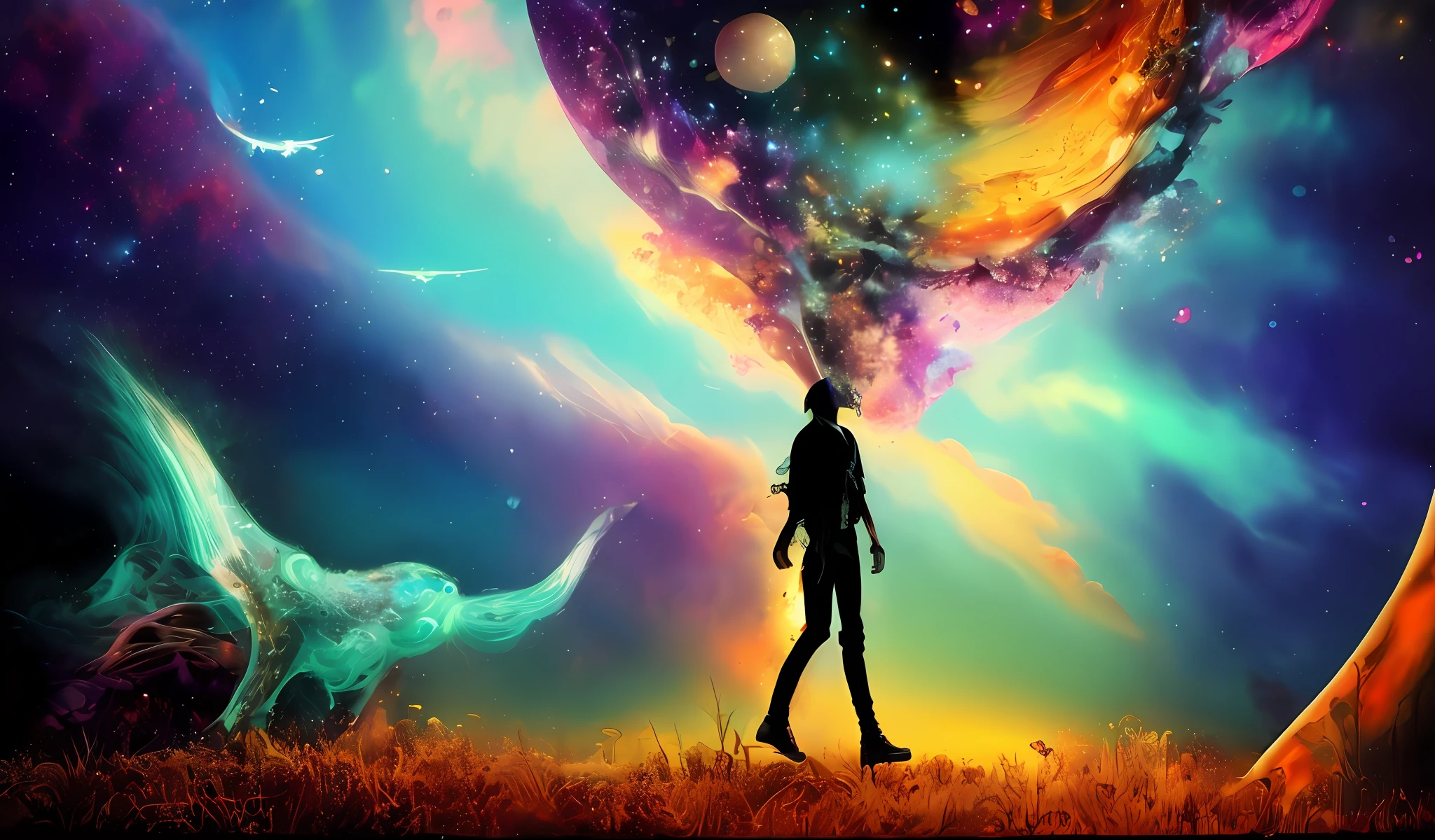 Incredible and spectacular scene, a "((high quality)), (detailed)), ((fantasy)), illustration, perspective (45 degree tilt angle), theme (enchanted forest style), scene elements (handsome boy, beautiful girl), picture quality (3D rendering effect), exquisite details, beautiful lights "emerge from glowing clouds, fractal nebula lines, cosmic entities, celestial bodies, universes, vibrant and vivid, swirling, rotating, impractical, high contrast, co-metabolic, magical, mysterious, mysterious, surreal, Oversaturated, colorful