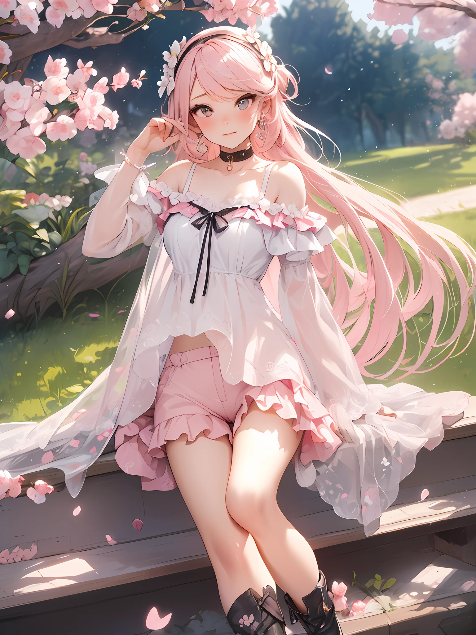 (Artwork of exceptional craftsmanship),(Detailed illustrations,(Very ideal anatomy),Very detailed and detailed drawing,Delicate lines with slow and rapid,(Realistic texture expression)),[Color tressed main line],[park background],(HENTAI anime JapaneseGirl (Pretty) 14 years old Skinny) Light pink hair ((magical little girl)),([cherry blossom] Headbands with floral ornaments) Low-rise shorts (Short cape (off shoulders:0.6) [Lace Ruffled Ribbon]) [Laced boots:0.8],[Silk Fabric:0.8],Transparency [Soft ambient light:0.6] gravure [Colorful],(Perfectly proportioned),(Fine and beautiful skin expression [realistic skin detail]),[Design built to the highest level,[Advanced structural understanding of materials],Ideal color coordination],(Intricate and beautiful decoration [Dense detail]),(More on shiny hair),[Perfect hand details [Beautiful Finger]],(Beautiful perfect face [Realistic face details]),[Clear gaze],[long and beautiful eyelashes],[Perfect eye details (Eyes beautifully drawn down to the smallest detail)],(detaileds,high-detail),([Precision Detail],[multi-layer texture],HighQuality,hight resolution),[(Accurate simulation of light-material interactions),Understanding Airflow,Mechanically correct representation],[Visual art that conveys a sense of narrative] [Full body like],[[Desaturation]].