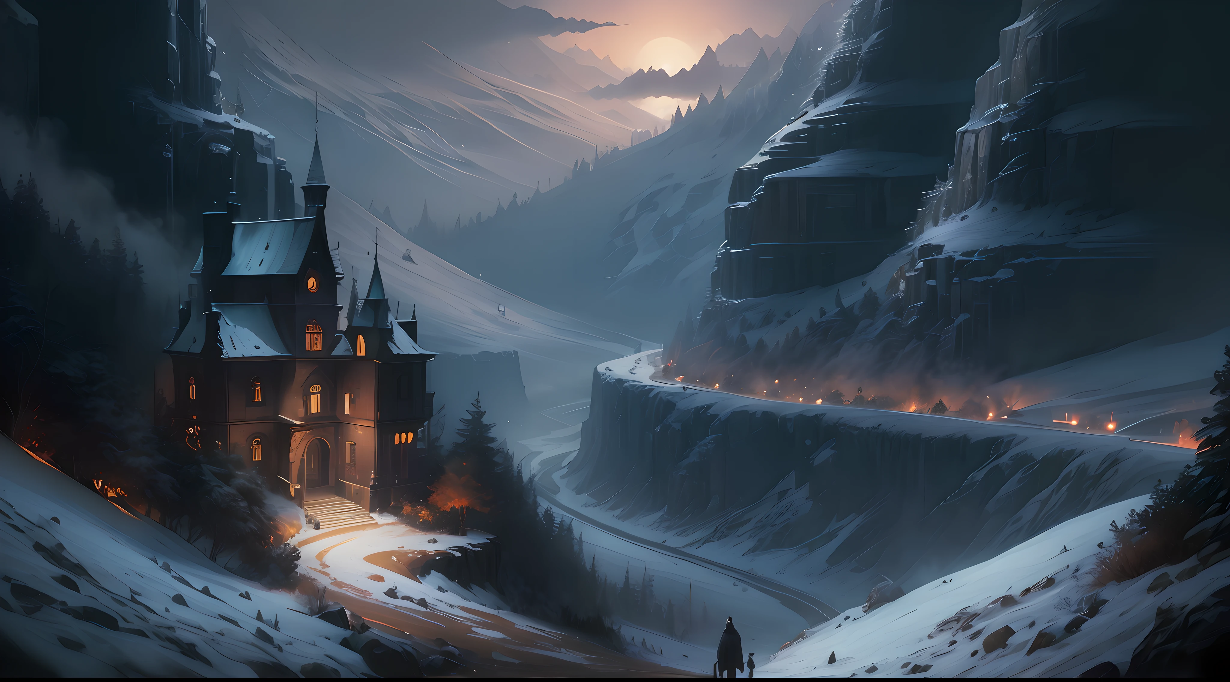 ((night)), winter, scottish medieval castle, dark night atmosphere, dark atmosphere, night ambient, ((foggy atmosphere)), a painting of a meandering snow in a mountain valley, trending on artstation, sharp focus, studio photo, intricate details, highly detailed, by greg rutkowski, a comic book panel by jeffrey smith, featured on deviantart, american scene painting, dc comics, marvel comics, concept art, perfect composition, beautiful detailed intricate insanely detailed octane render trending on artstation, 8 k artistic photography, photorealistic concept art, soft natural volumetric cinematic perfect light, chiaroscuro, award - winning photograph, masterpiece, oil on canvas, raphael, caravaggio, greg rutkowski, beeple, beksinski, giger, centered, symmetry, painted, intricate, volumetric lighting, beautiful, rich deep colors masterpiece, sharp focus, ultra detailed, in the style of dan mumford and marc simonetti, astrophotography