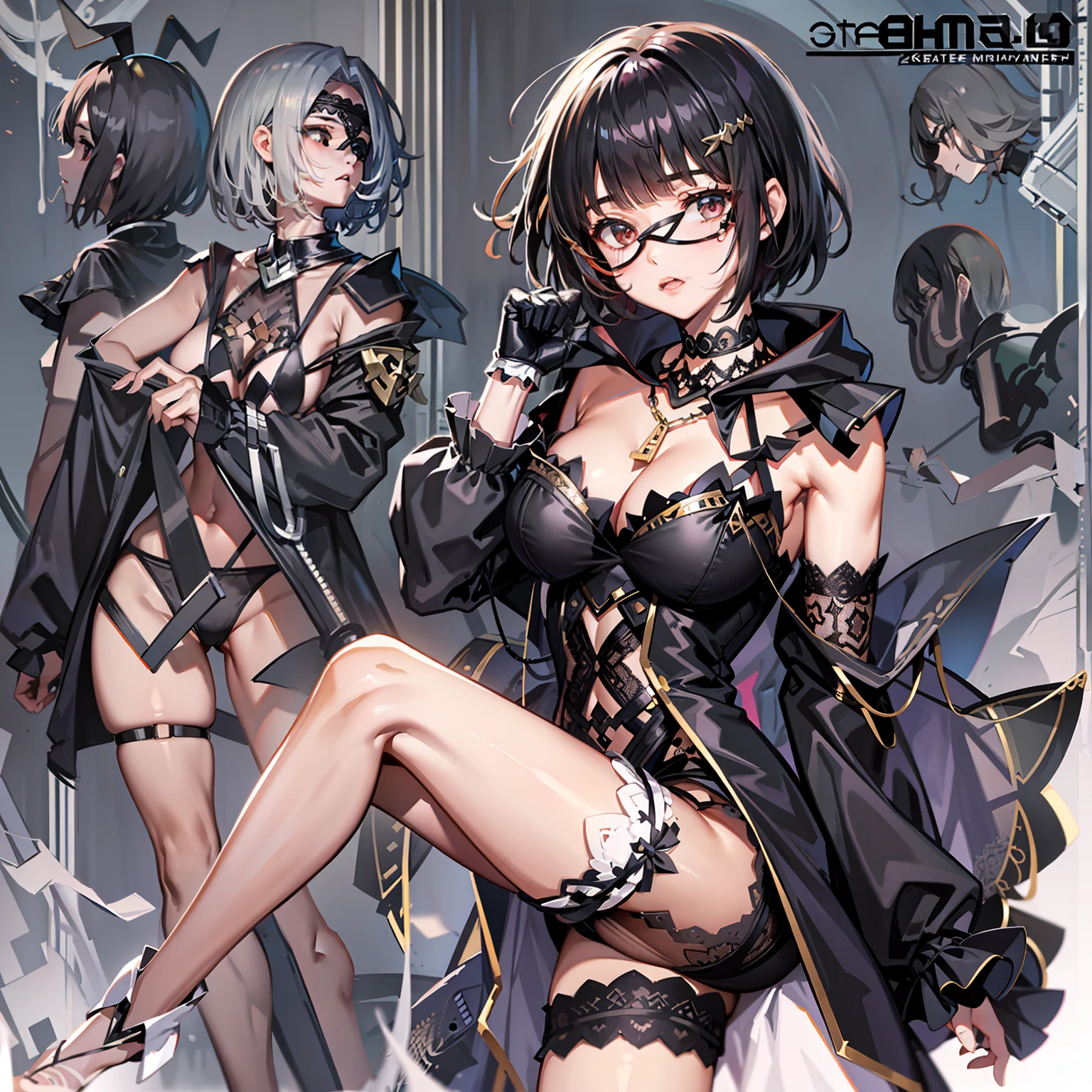 one-girl,Clear lace eye patch,Short, slightly curly hair,G size chest,Black strapless semi-hood underwear,legs separated