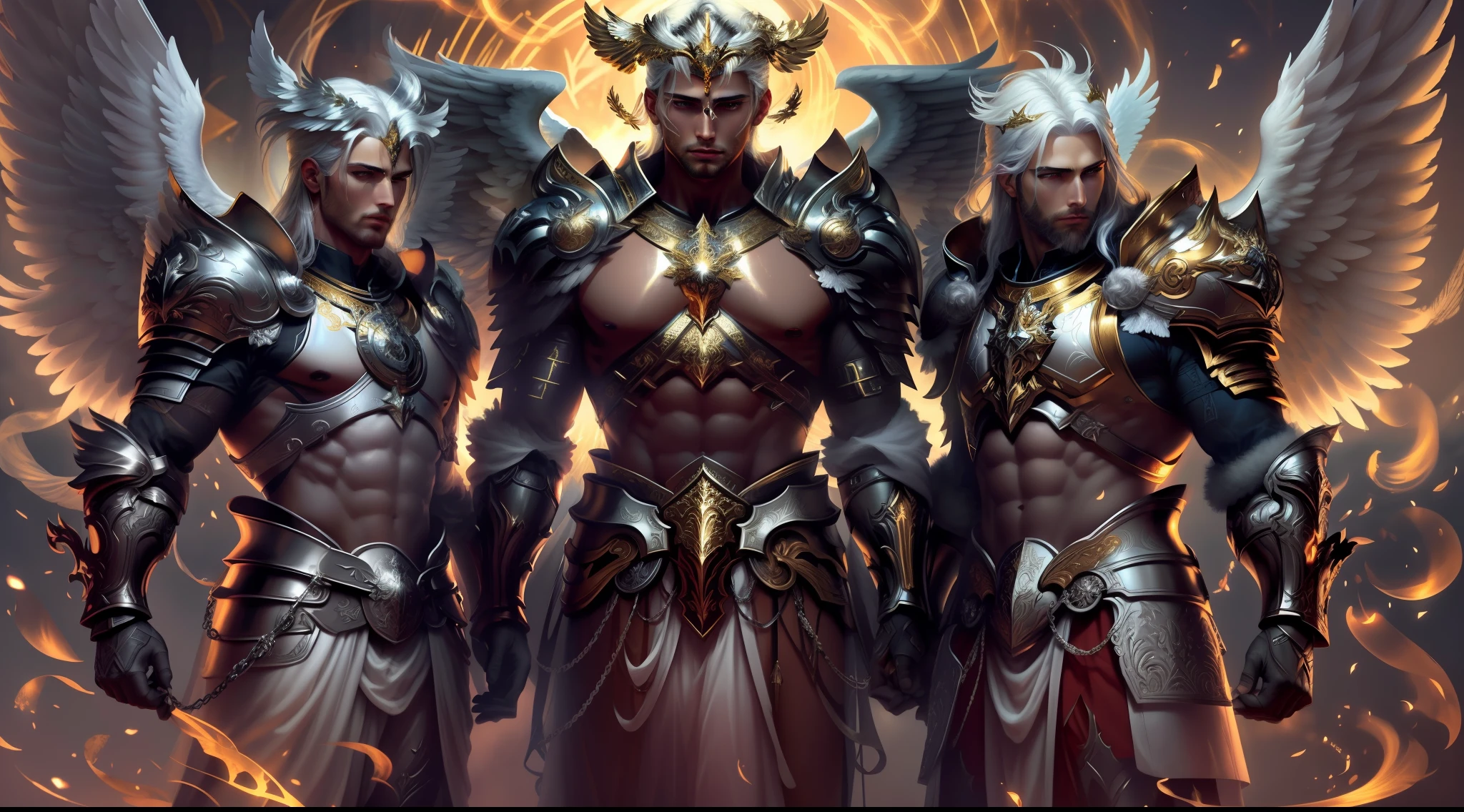 Close-up of 3 angels (Male), (three imposing male angels), with white hair and wings, with white heavenly armor and golden details, majestic angels with a full body, male halo, archangel, --v 6
