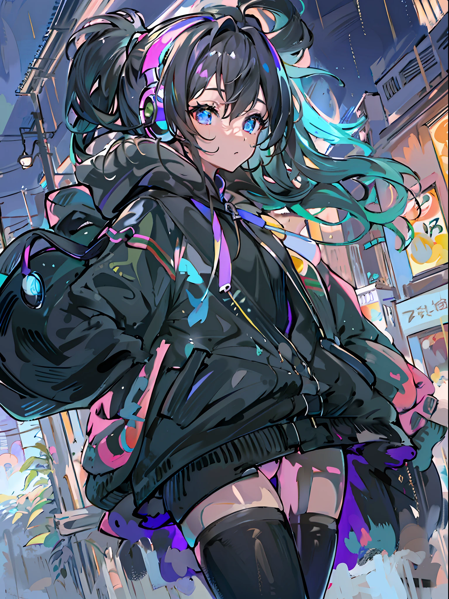 8K分辨率、((top-quality))、((masterpiece))、((ultra-detailliert))、1 woman、独奏、incredibly absurdness、Oversized hoodies、headphones、Street、plein air、Rain at night、neons、Shortcut Hair、Brightly colored eyes、Hands in pockets、a miniskirt、water dripping