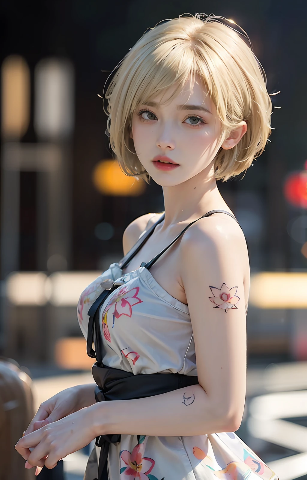 mix4,(10, raw photograph, beste-Qualit, master-piece:1.2), (lifelike, photorealistic portrait:1.37),kawaii,scenary: city, nighttime, It's raining, wet, Professional lighting, photons mapping, radiosity, Body Show,((Very short hair:1.4)),(Blonde Hair:1.5),Short hairstyles,(Flower tattoo on the right shoulder:1.15),pale skin,