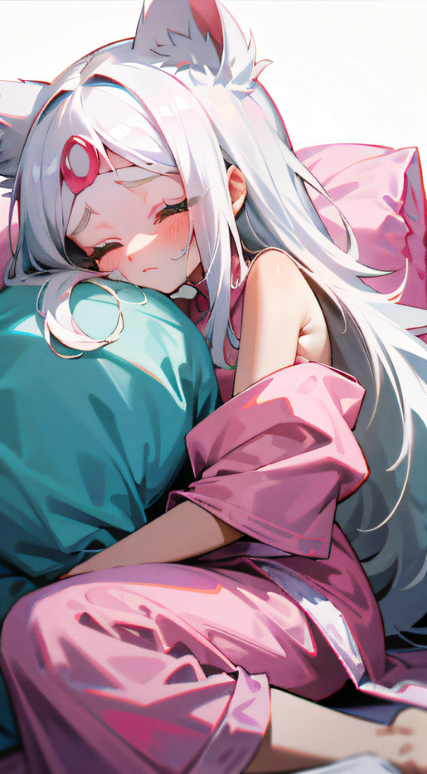 One Little Girl,Confused, opening eyes,A pink cloth is attached to the forehead,A pink towel was draped over his forehead,There were tears on her curled eyelashes,It's pitiful to watch。head on pillow,Soft and fluffy snow-white hair,A pair of big furry ears shrugged。