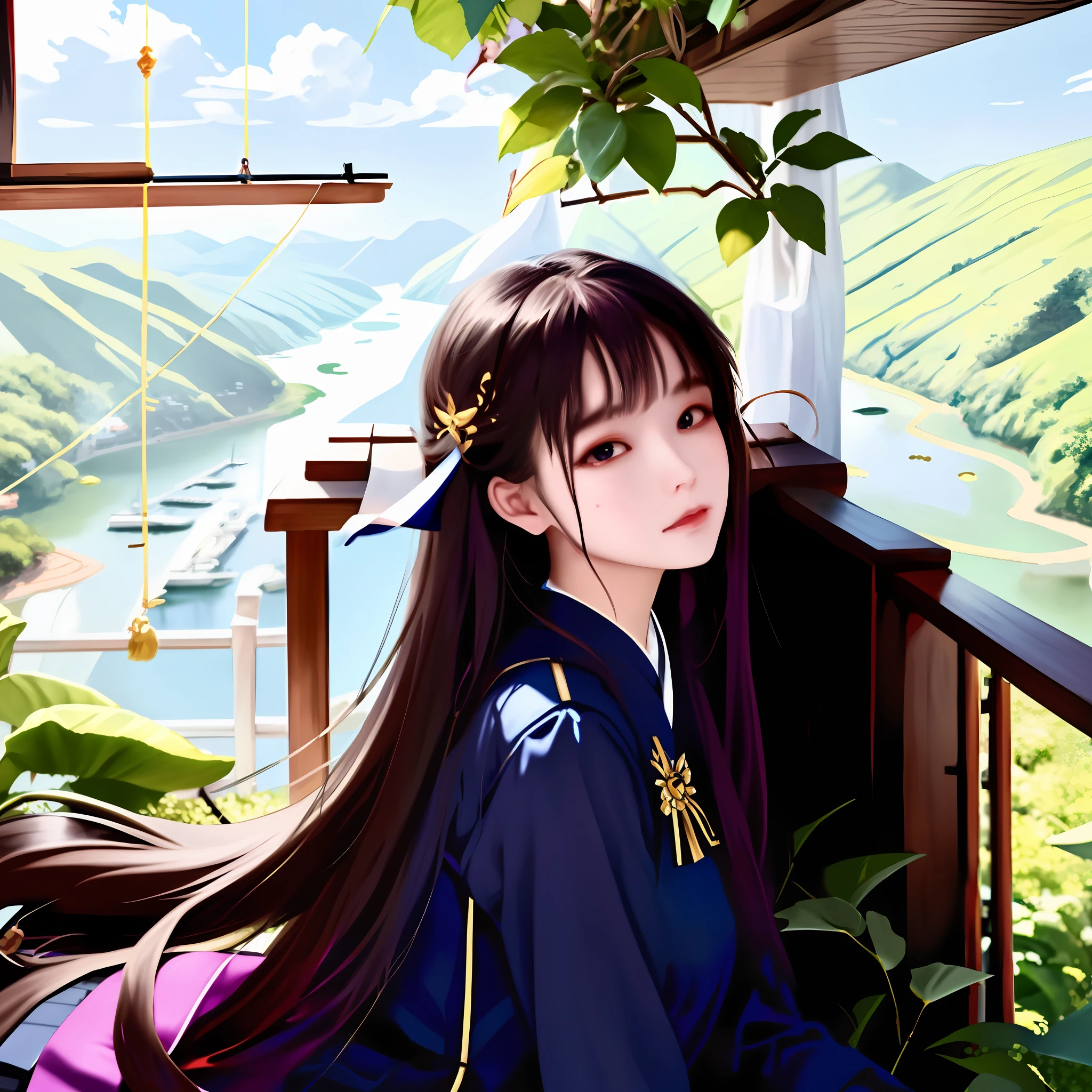 Long-haired anime girl sitting on balcony overlooking river, Palace , A girl in Hanfu, a beautiful anime portrait, Guviz-style artwork, Anime girl with long hair, anime visual of a cute girl, Beautiful anime style, Beautiful anime girl, by Yang J, up of young anime girl, Middle metaverse