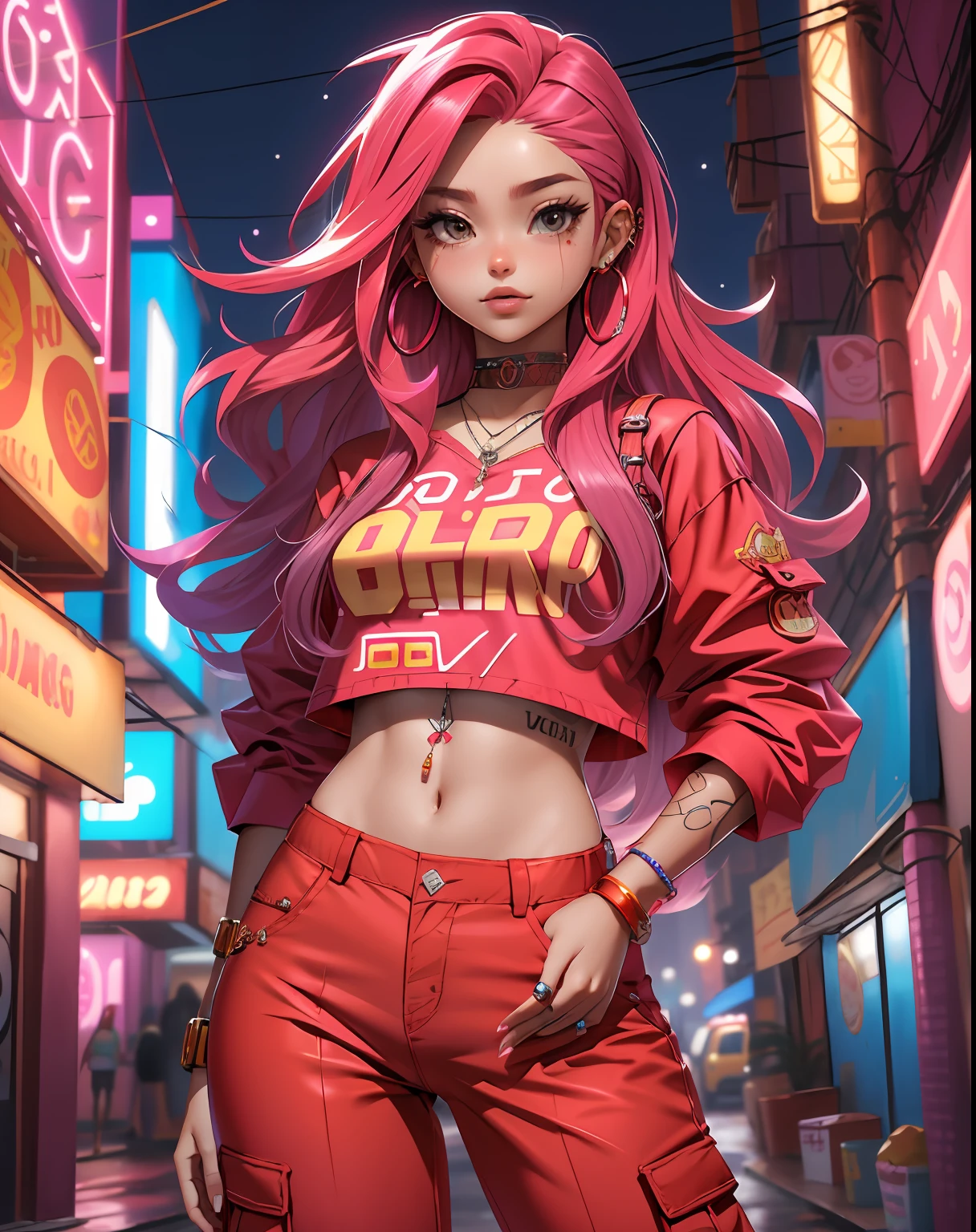 melhor qualidade, cyber sttyle menina, 1girl, sozinho, long and messy pink hair, tatuagem tribal, BAGGY RED PANTS, fundo desfocado,