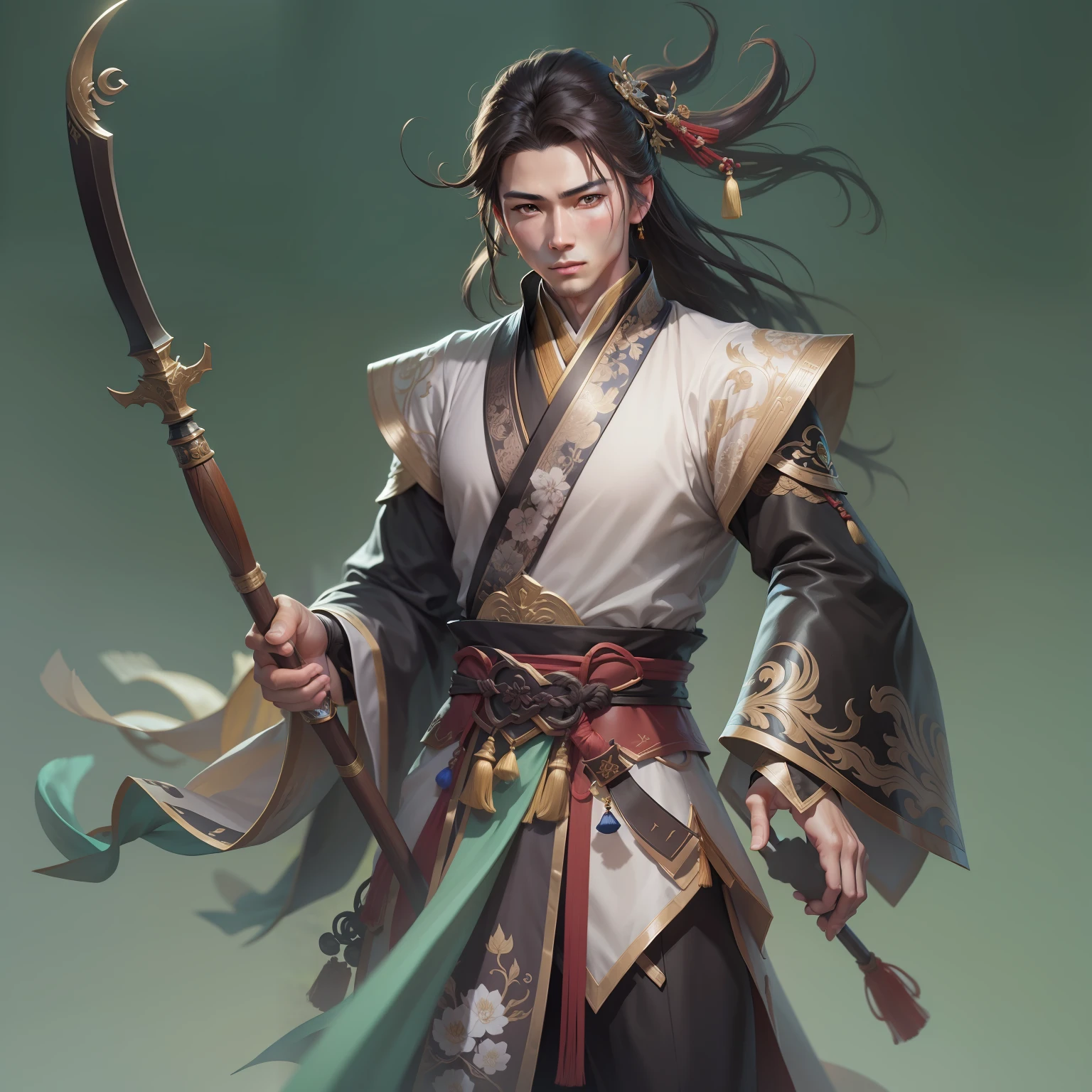 a close up of a young man in his 30's with brown eyes and brown hair, a hero in wuxia style, handsome guy, martial artist holding a bo staff, standing in a chinese monastary, new costume concept design, in the style of blade and soul, concept art of a monk, full body character concept, detailed character design, inspired by Yang Jin, inspired by Li Mei-Shu, chinese costume, inspired by Lan Ying, inspired by Sim Sa-Jeong, inspired by Li Tang, lunar themed attire, costume with green accents, inspired by Ju Lian, colored concept art, highly detailed character design, highly detailed face, inspired by Ai Xuan, very highly detailed face, unreal engine render, final fantasy 14 style, inspired by Leng Mei