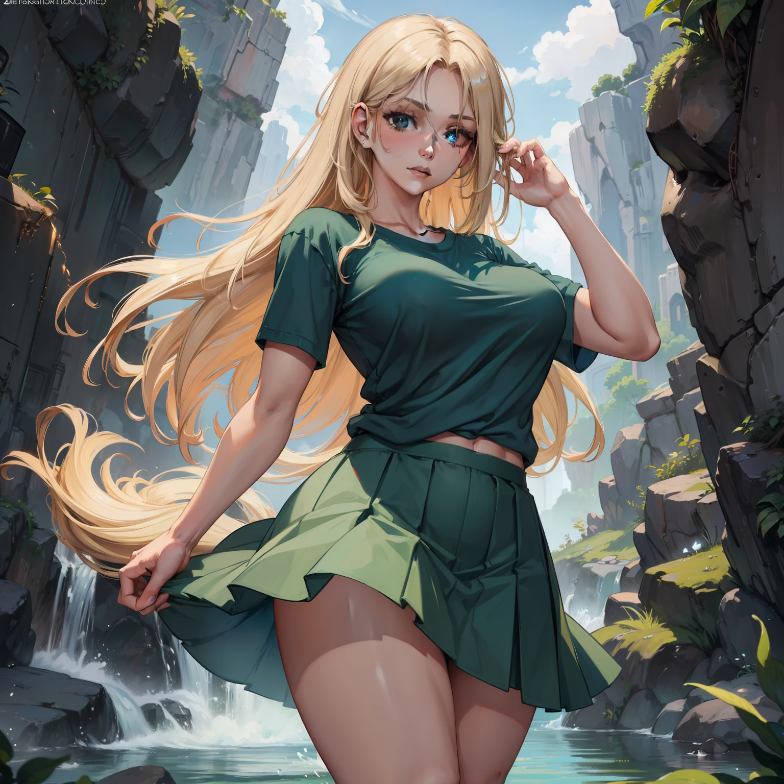 8k,masterpiece, best quality,big, (1 girl), Ushio, Summer Time Render, blue eyes, blond hair, long hair, professional lighting, (shiny skin: 1.2), shiny big, ((best quality)), sharp focus: 1.2, highly detailed face and skin texture, detailed eyes, perfect face, perfect body, blur art, cg, background, Big breasts, presence (20yo, mature cool and beautiful face), wearing ((green skirt), blue taut shirt, thigh), blush, (mittgal), random pose, top view, perfect eye