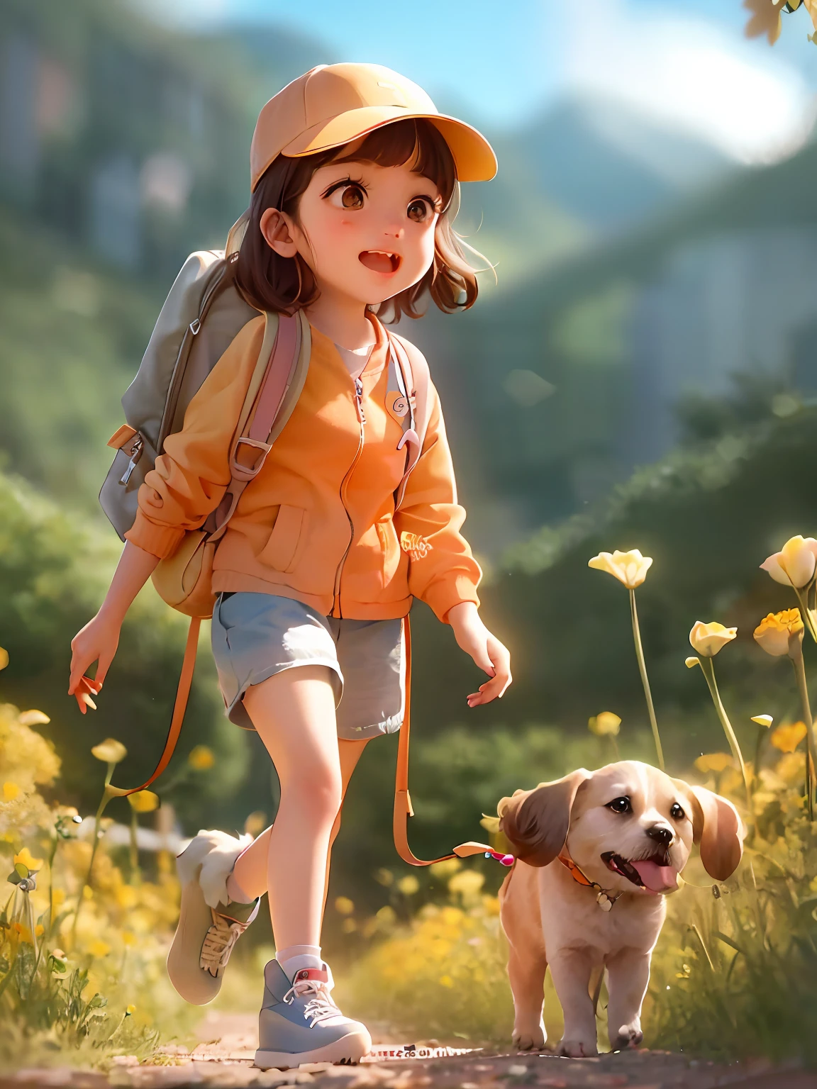 Prompt: Uma garotinha incrivelmente charmosa carregando uma mochila, Accompanied by her adorable puppy Shitz Zu, Enjoying a lovely spring ride inside the Wallmart. The illustration is in high definition in 4k resolution, com recursos faciais altamente detalhados e visuais em estilo cartoon.