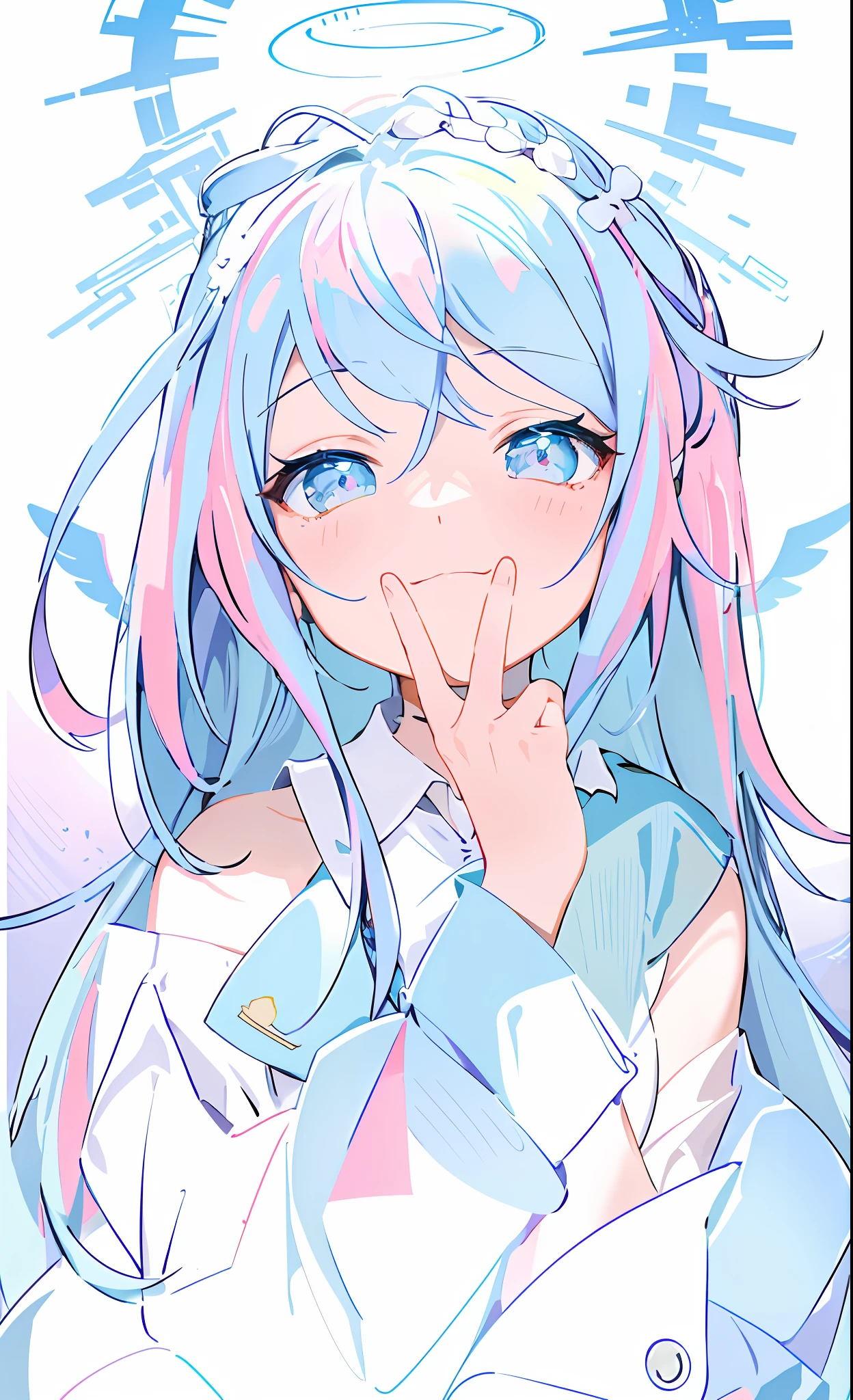 Anime girl with blue and pink hair and angel wings, with index finger, anime moe art style, mikudayo, hatsune miku portrait, extremely cute anime girl face, (Anime girl), anime visual of a cute girl, 2 d anime style, Digital art on Pixiv, cute anime face, hatsune miku face