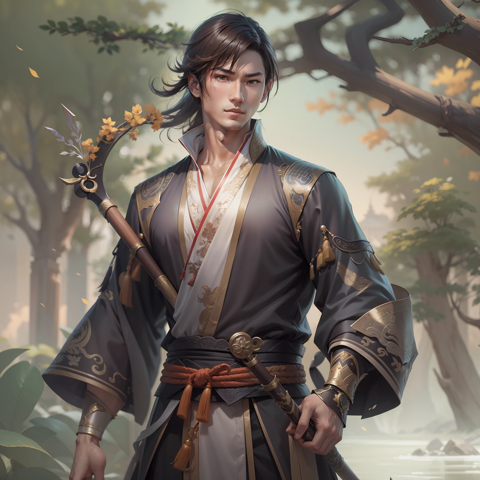 a close up of a young man in his 30's with brown eyes and brown hair, a hero in wuxia style, handsome guy, martial artist holding a bo staff, standing in a chinese monastary, new costume concept design, in the style of blade and soul, concept art of a monk, full body character concept, detailed character design, inspired by Yang Jin, inspired by Li Mei-Shu, chinese costume, inspired by Lan Ying, inspired by Sim Sa-Jeong, inspired by Li Tang, lunar themed attire, costume with green accents, inspired by Ju Lian, colored concept art, highly detailed character design, highly detailed face, inspired by Ai Xuan, very highly detailed face, unreal engine render, final fantasy 14 style, inspired by Leng Mei