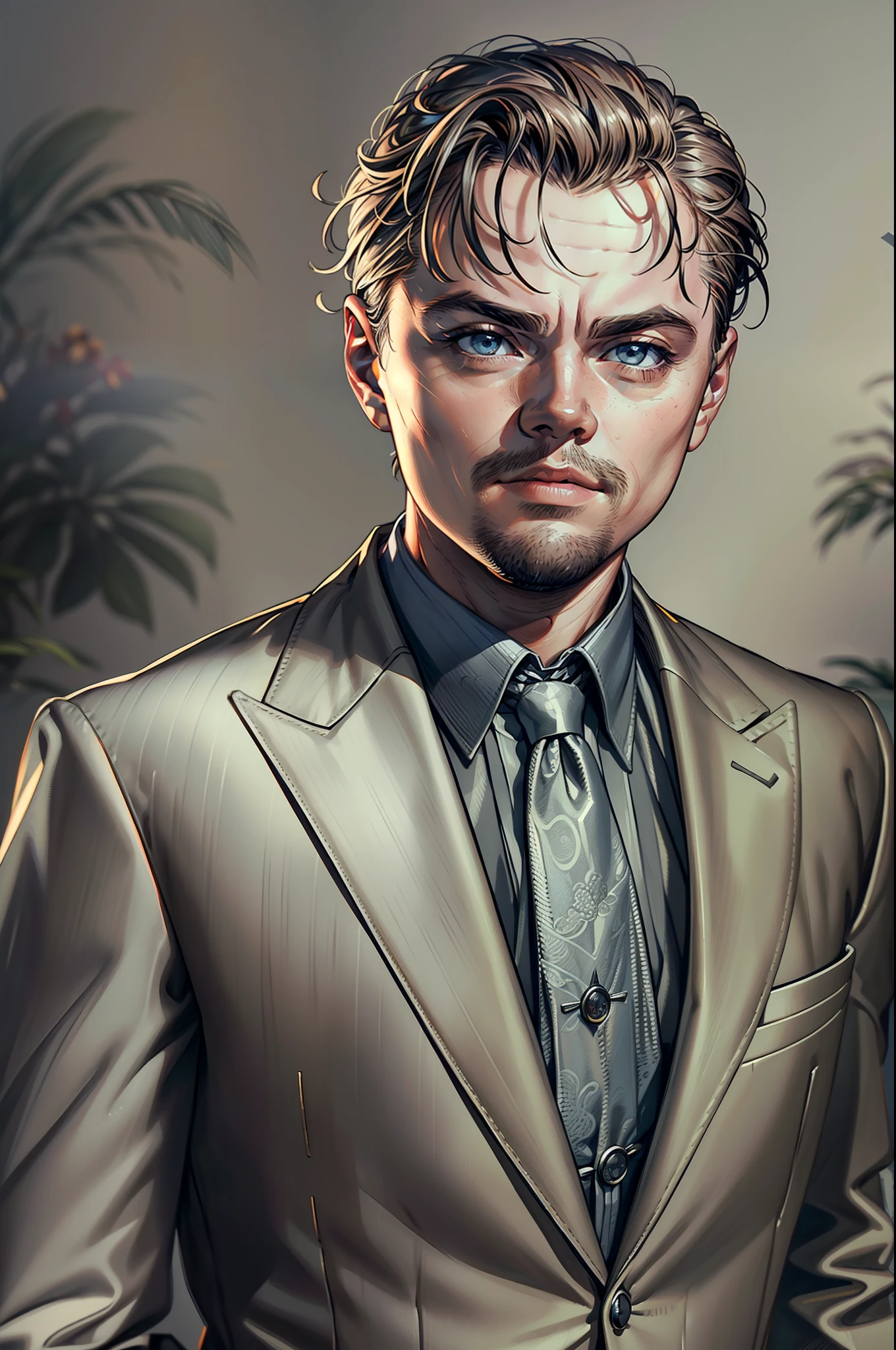 (RAW Photo, Best Quality), (Realistic, Photorealistic Photo: 1.3), Best Quality, Highly Detailed, Masterpiece, Ultra Detailed, Illustration, Leonardo DiCaprio, Los Angeles, California, standing, gentlemen, upper body, trending formal suit, Dynamic Angle, Best Quality, Extremely Detailed CG Unified 8k Wallpaper, Ink, Amazing