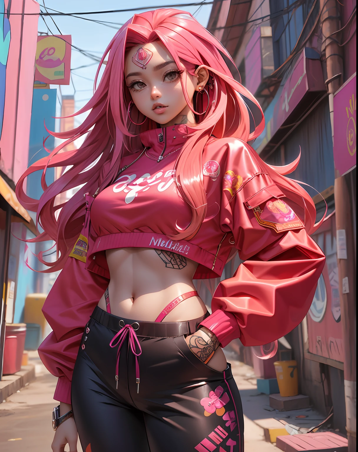 melhor qualidade, cyber sttyle ******, 1girl, sozinho, long and messy pink hair, tatuagem  tribal, BAGGY RED PANTS, fundo desfocado,