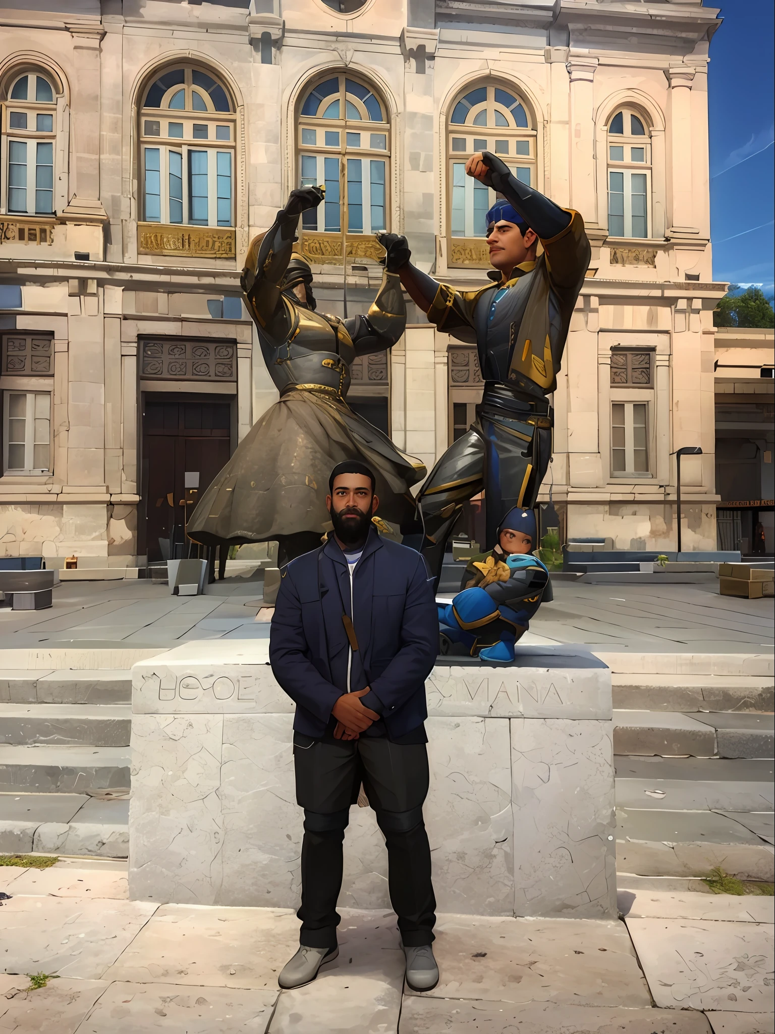 There is a man standing in front of a statue of a man and a child, Directed by: Nandor Soldier, posing like a statue, Directed by: Caro Niederer, in a city with a rich history, inspirado em Nadir Afonso, Directed by: Samuel Silva, in a city square, gui guimaraes, by Gina Pellón.