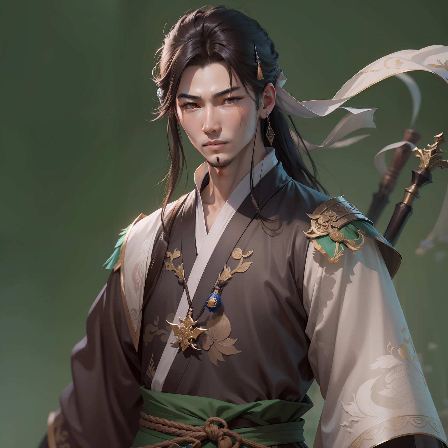 a close up of a young man in his 30's with brown eyes and brown hair, a hero in wuxia style, handsome guy, martial artist holding a bo staff, standing in a chinese monastary, new costume concept design, in the style of blade and soul, concept art of a monk, full body character concept, detailed character design, inspired by Yang Jin, inspired by Li Mei-Shu, chinese costume, inspired by Lan Ying, inspired by Sim Sa-Jeong, inspired by Li Tang, lunar themed attire, costume with green accents, inspired by Ju Lian, colored concept art, highly detailed character design, highly detailed face, inspired by Ai Xuan, very highly detailed face, unreal engine render, final fantasy 14 style, inspired by Leng Mei