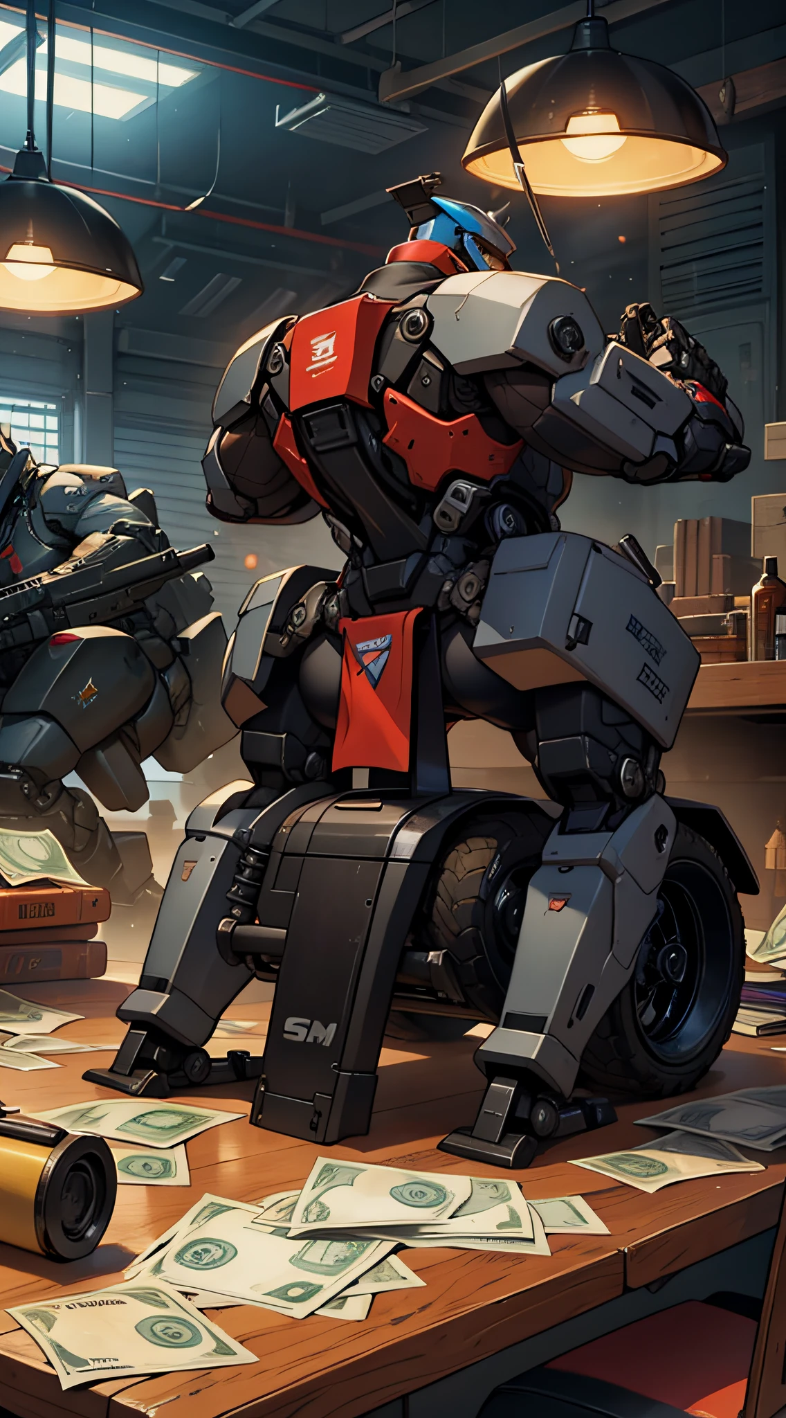 The table was full of money,Behind is the mech,Firearms,Sports cars,Money all around the body