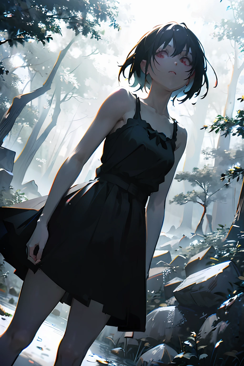 Anime girl in black dress standing in forest with trees, anime girl wearing a black dress, ilya kuvshinov landscape, guweiz on pixiv artstation, guweiz on artstation pixiv, artwork in the style of guweiz, Trending on ArtStation pixiv, li in dress, Anime art wallpaper 8k, guweiz