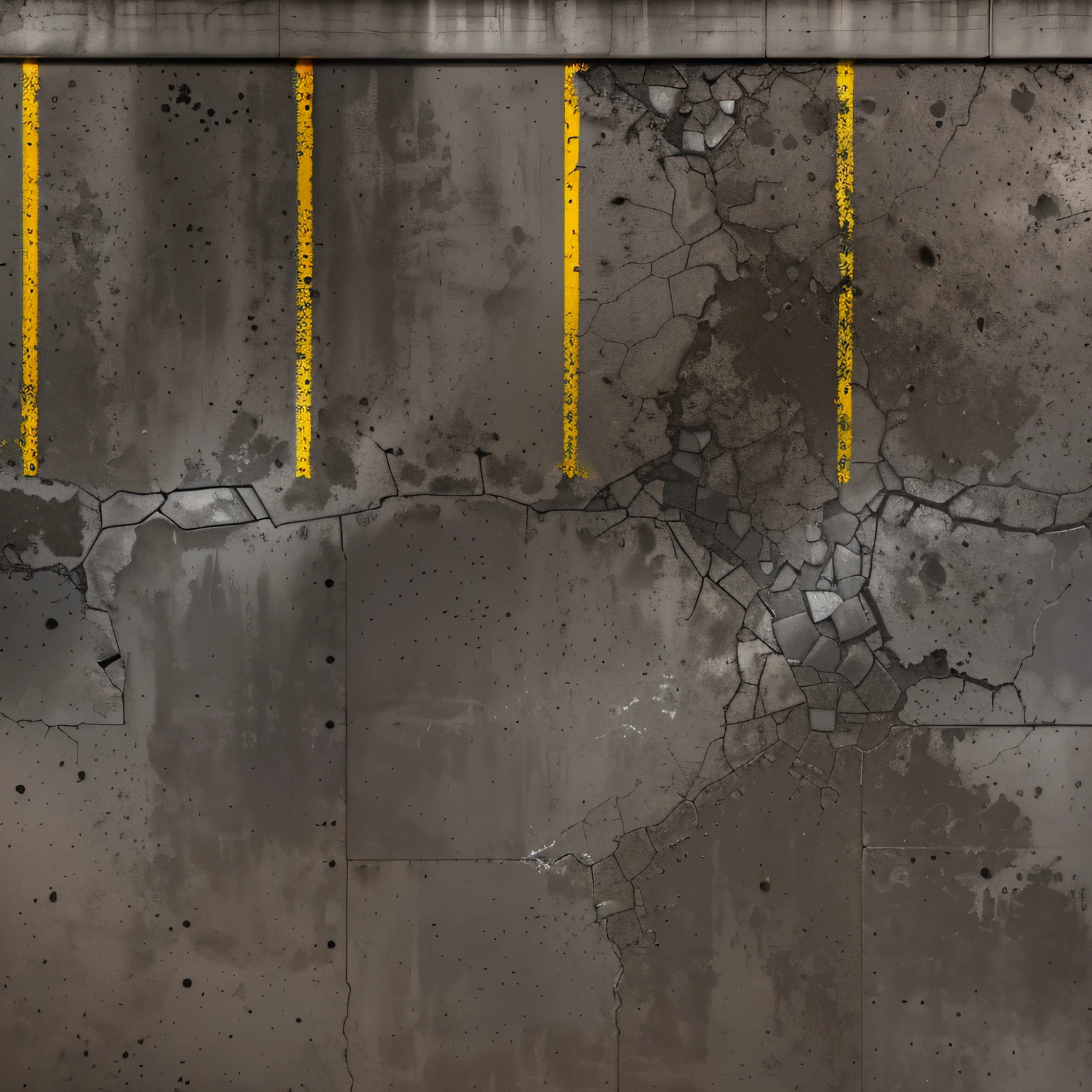 Top view photo of the parking lot with a yellow line, Seamless parking texture with curb and yellow shabby marking lines, there is broken asphalt, concrete slabs and asphalt, Traces of wheels on the asphalt, [[empty warehouse]] Background, concrete _ wallside ) ], parking, high resolution details, High-resolution detail, concrete, Untextured, Super High Resolution, high resolution texture, concrete wall, dark hangar background, Gray warehouse background, high resolution textures, High resolution and detail