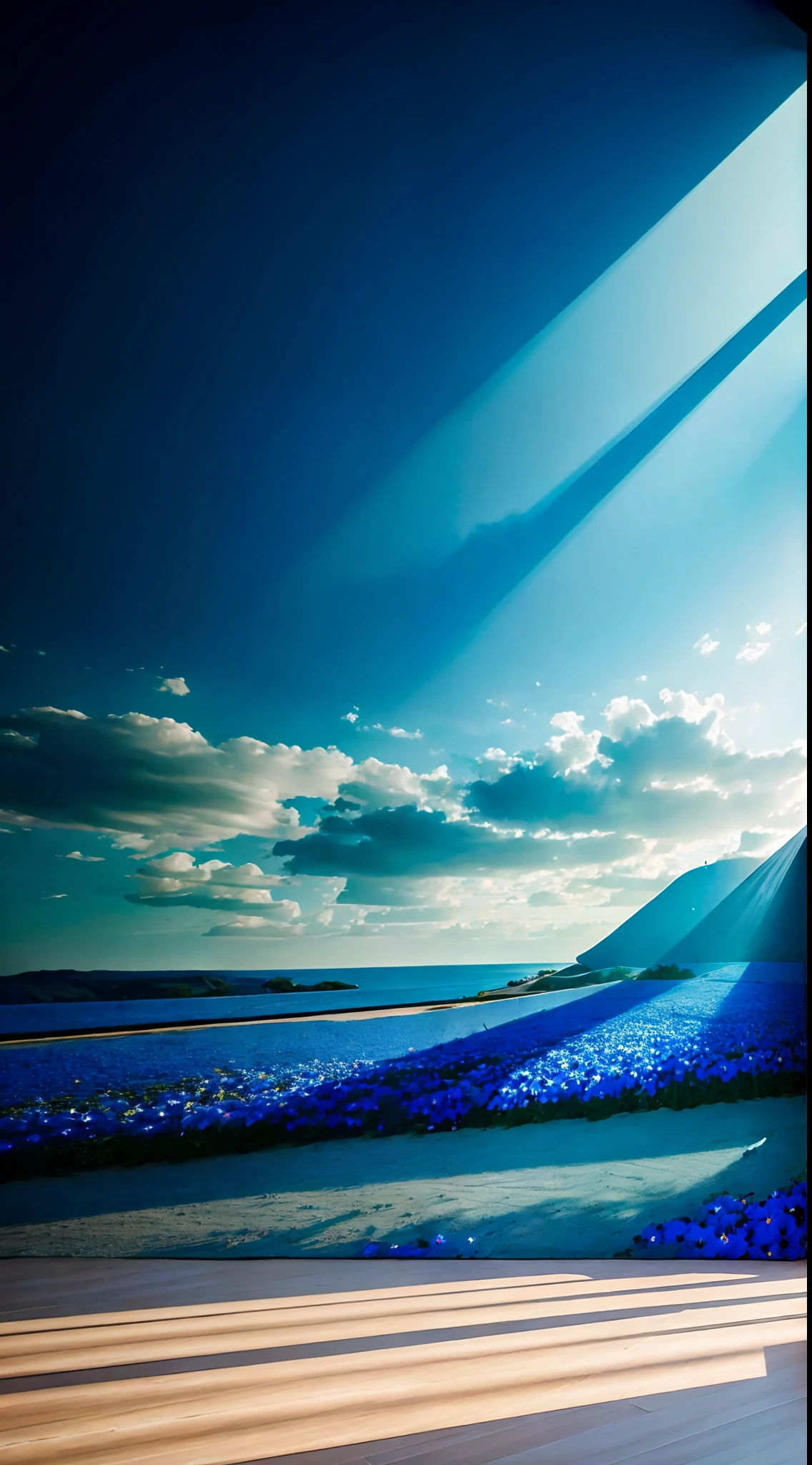 Night,A whole wall, The walls are surrounded by blue morning glory, Very beautiful in light blue light, photorealisti, High detail, Interior architecture, Cinematic lighting, color difference, Sony FE GM, hyper HD, 8K, Masterpiece, Best quality