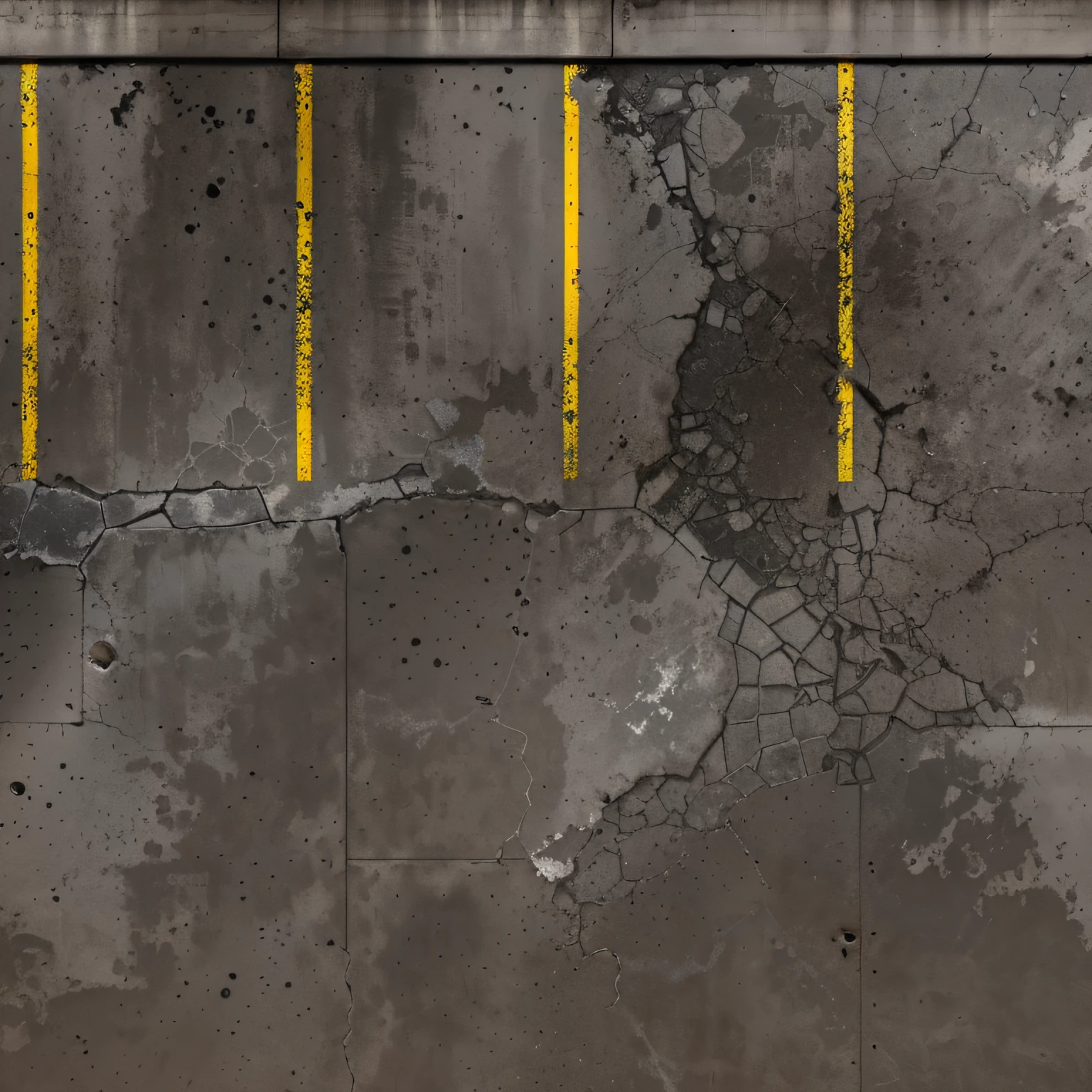 Top view photo of the parking lot with a yellow line, Seamless parking texture with curb and yellow shabby marking lines, there is broken asphalt, concrete slabs and asphalt, Traces of wheels on the asphalt, [[empty warehouse]] Background, concrete _ wallside ) ], parking, high resolution details, High-resolution detail, concrete, Untextured, Super High Resolution, high resolution texture, concrete wall, dark hangar background, Gray warehouse background, high resolution textures, High resolution and detail