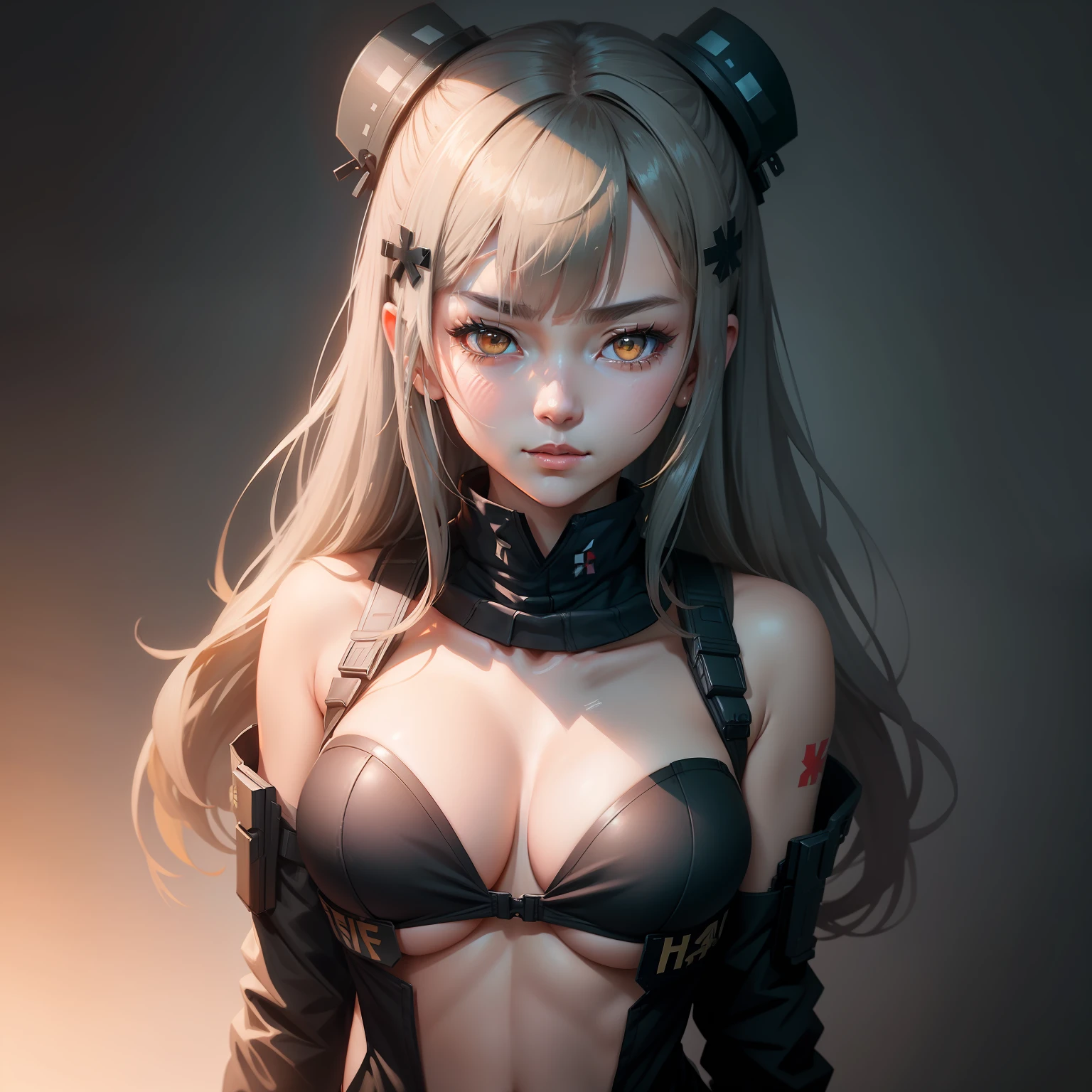 Girl Frontline character,HK416 bare chest full of shyness。The illustration is a high-definition illustration in 4K resolution,featuring highly detailed facial features and cartoon-style visuals