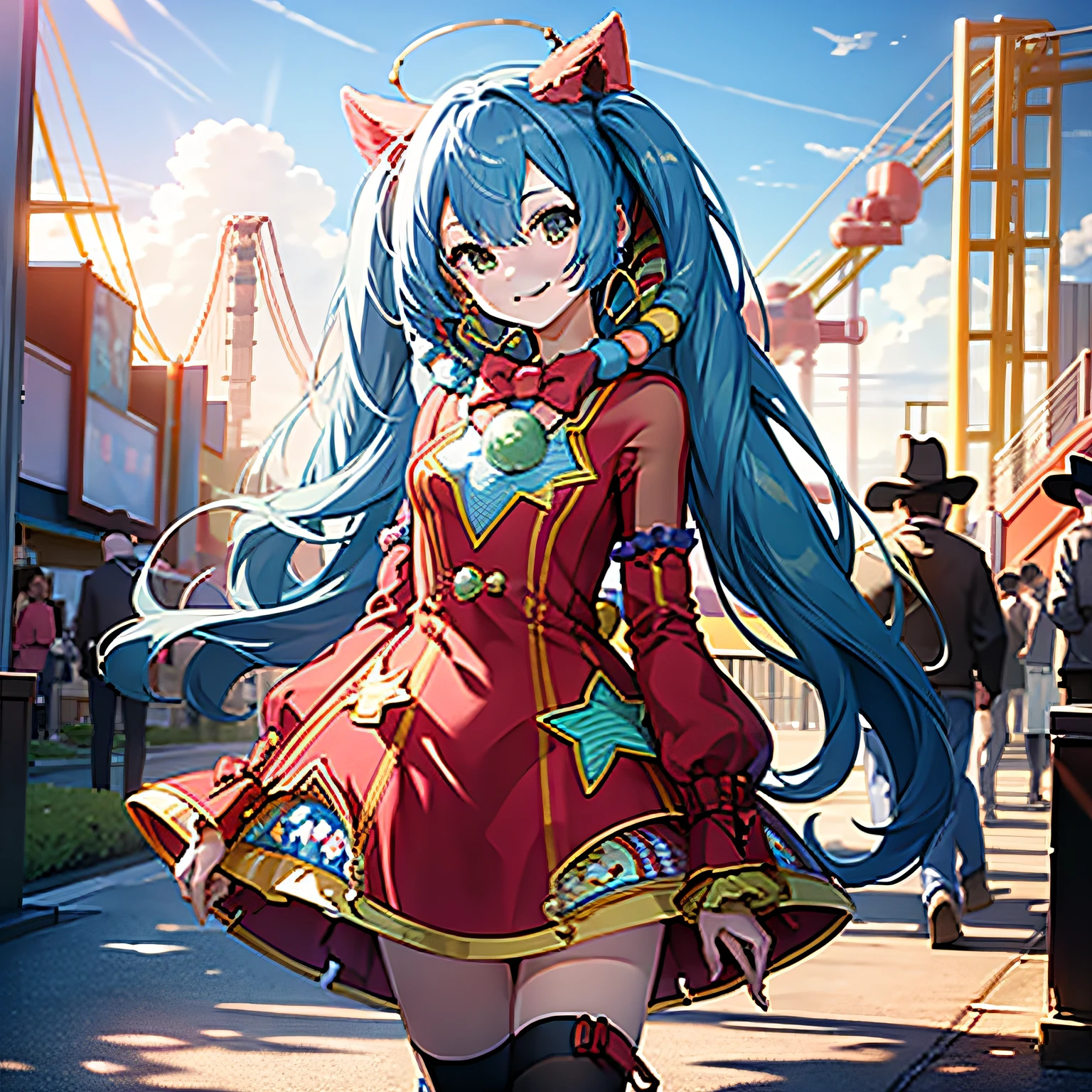 masterpiece, best quality, highres, wondermiku, red dress, amusement park, cowboy shot, standing, smile,