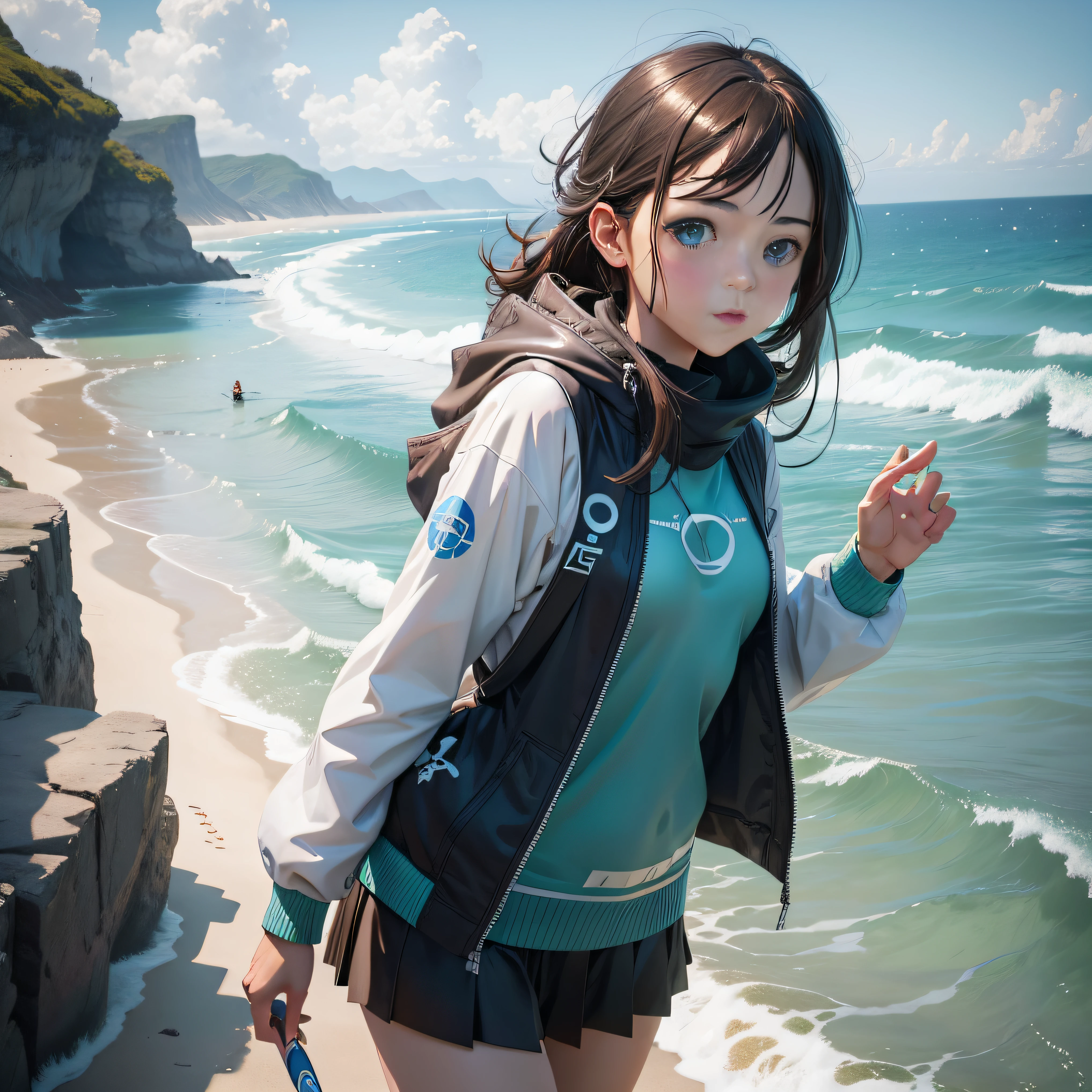 Anime girl with backpack on beach near ocean with rocky coast, Guviz-style artwork, Artgerm and Atey Ghailan, Makoto Shinkai and Artgerm, ross tran. scenery background, Smooth anime CG art, Guweiz on ArtStation Pixiv, Ross Tran 8 K, Guviz