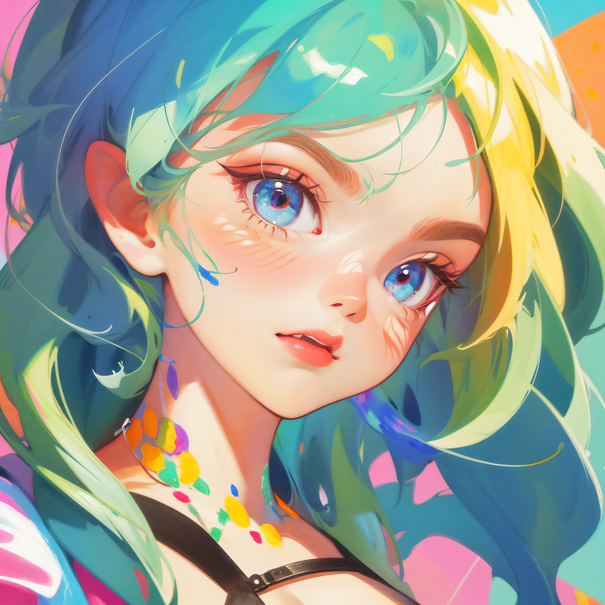 (digitial painting),(best qualtiy),Two-dimensional cartoon,Best quality at best,cute female child,closeup cleavage,Face,Simple solid color background
