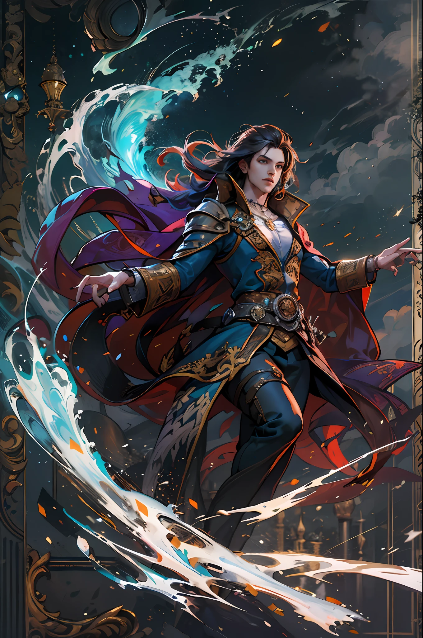 (hoang lap,A high resolution,ultra - detailed),1 male,mature,Idade,Handsome and cold,tall muscular guy,a broad shouldered,Very short hair,Undercut,ruby eyes,longer sleeves,Fine eyes and detailed face,the Extremely Detailed CG Unity 8K Wallpapers,Complicated details,(style-swirlmagic:0.8),sportrait,head looking up,独奏,Half shot,detailedbackground,(Warhammer fantasy theme:1.1) evils,focus-on,pursing lips,the witcher, Cast spells,Hover in the air,(Color waves),Floating crystals,dynamicposes,Colorful robes,hair flowing in the wind,Magic Hourglass,arcane spell,supernatural power,Grim dark reality lighting,dark castle in the background,Some arrogance,Rich and noble