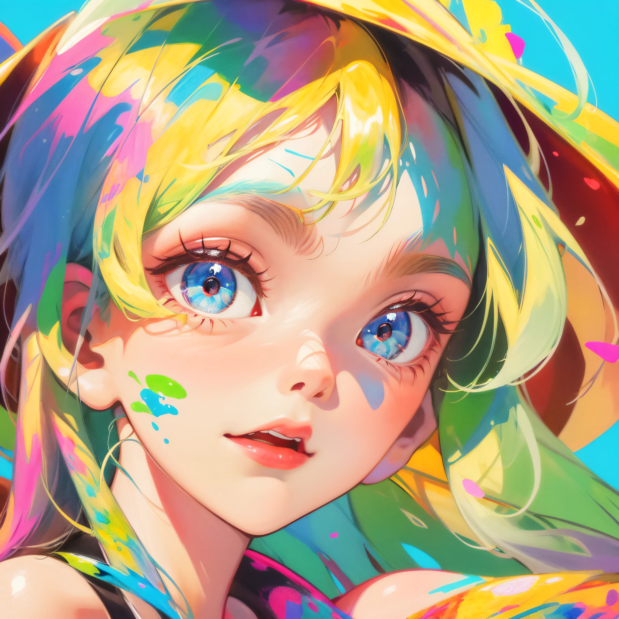 (digitial painting),(best qualtiy),Two-dimensional cartoon,Best quality at best,cute female child,closeup cleavage,Face,Simple solid color background